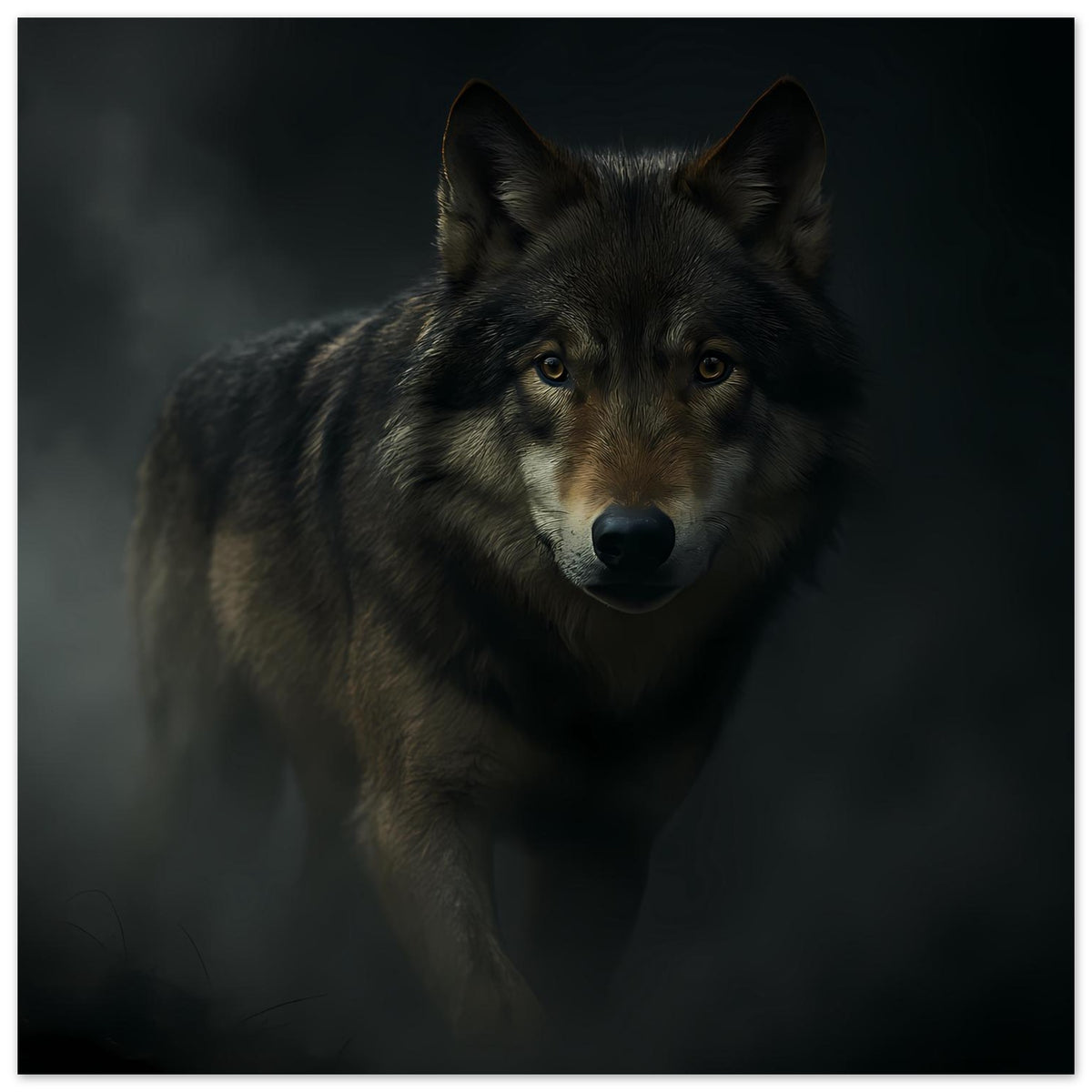 Poster mit Wolfsportrait: grauer Wolf, Blick nach vorn, kräftige Fellzeichnung