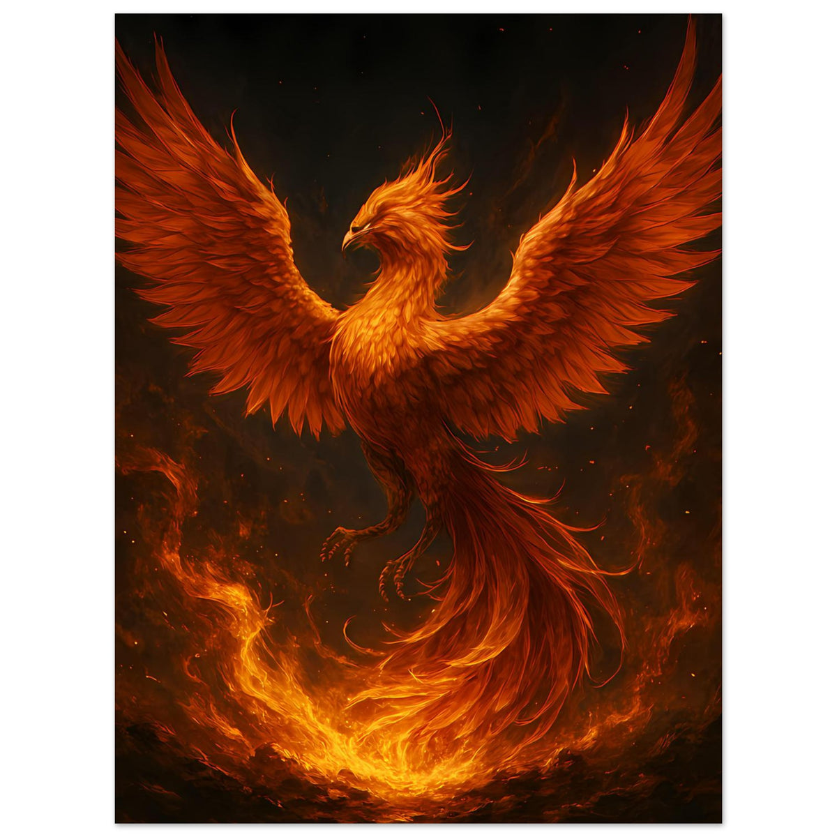 Poster mit feurigem Phönix, orangegelben Flammenflügeln und hell leuchtender Glut unten