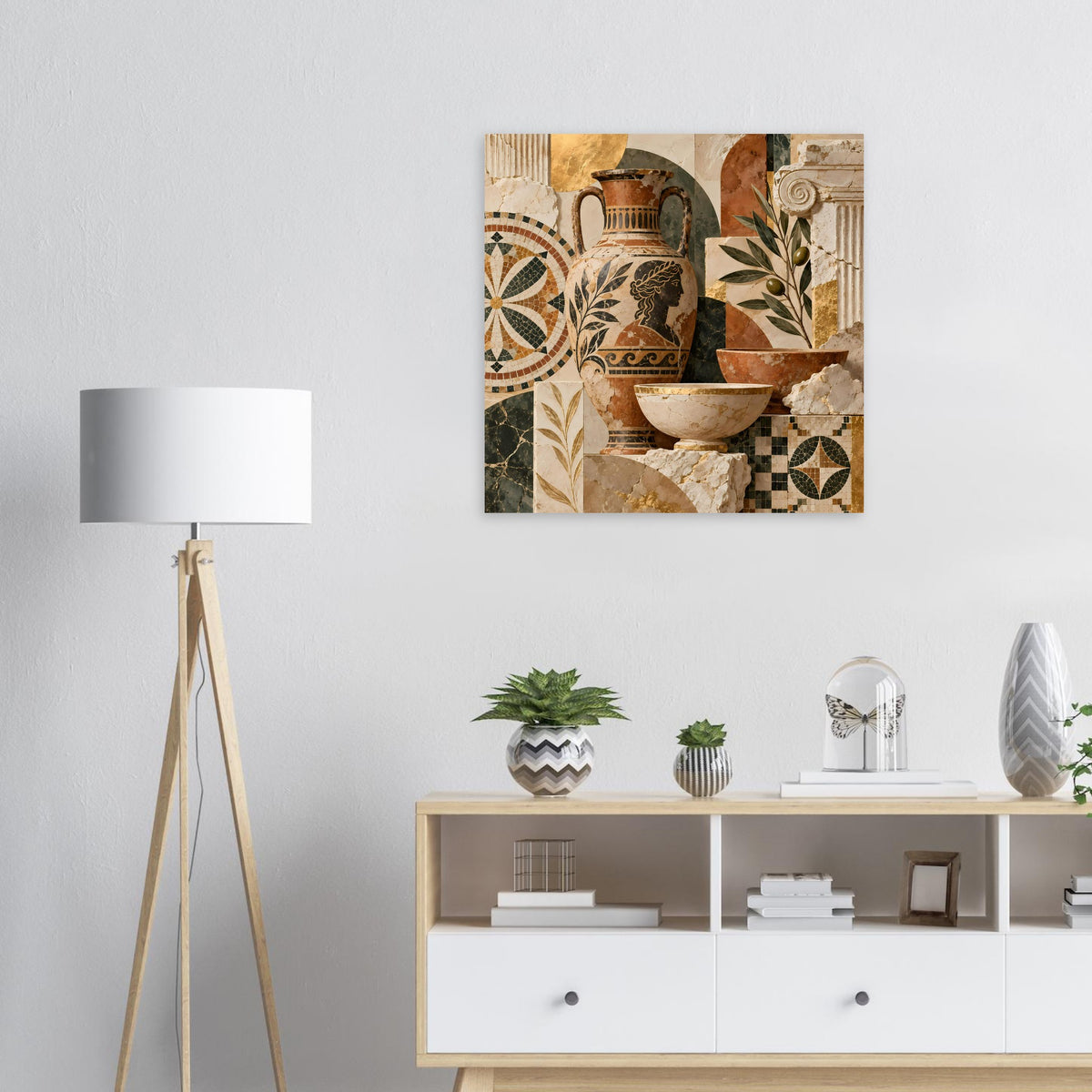 Quadratisches Poster mit mediterranem Mosaik aus Keramik, Pflanzen und geometrischen Fliesen