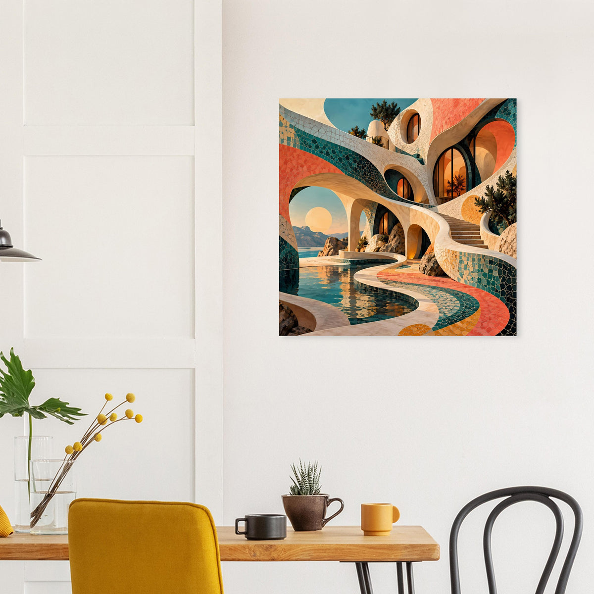 Kunstposter mit architektonischem Mosaik, türkisem Becken und korallenroter Kurve