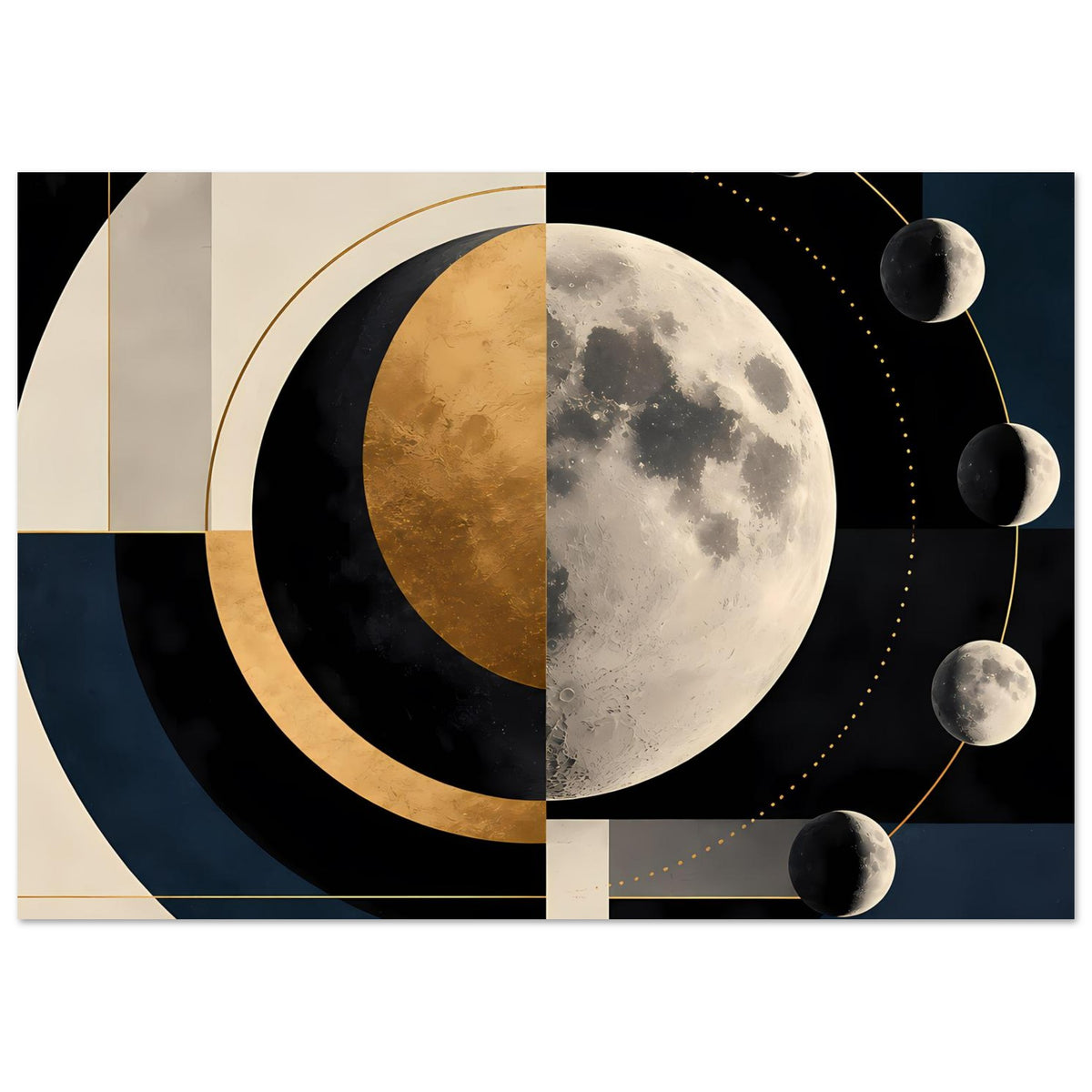 Mondphasen-Druck: Vollmond im Mittelpunkt, goldene Halbmond-Form, Reihe dunkler Kugeln rechts