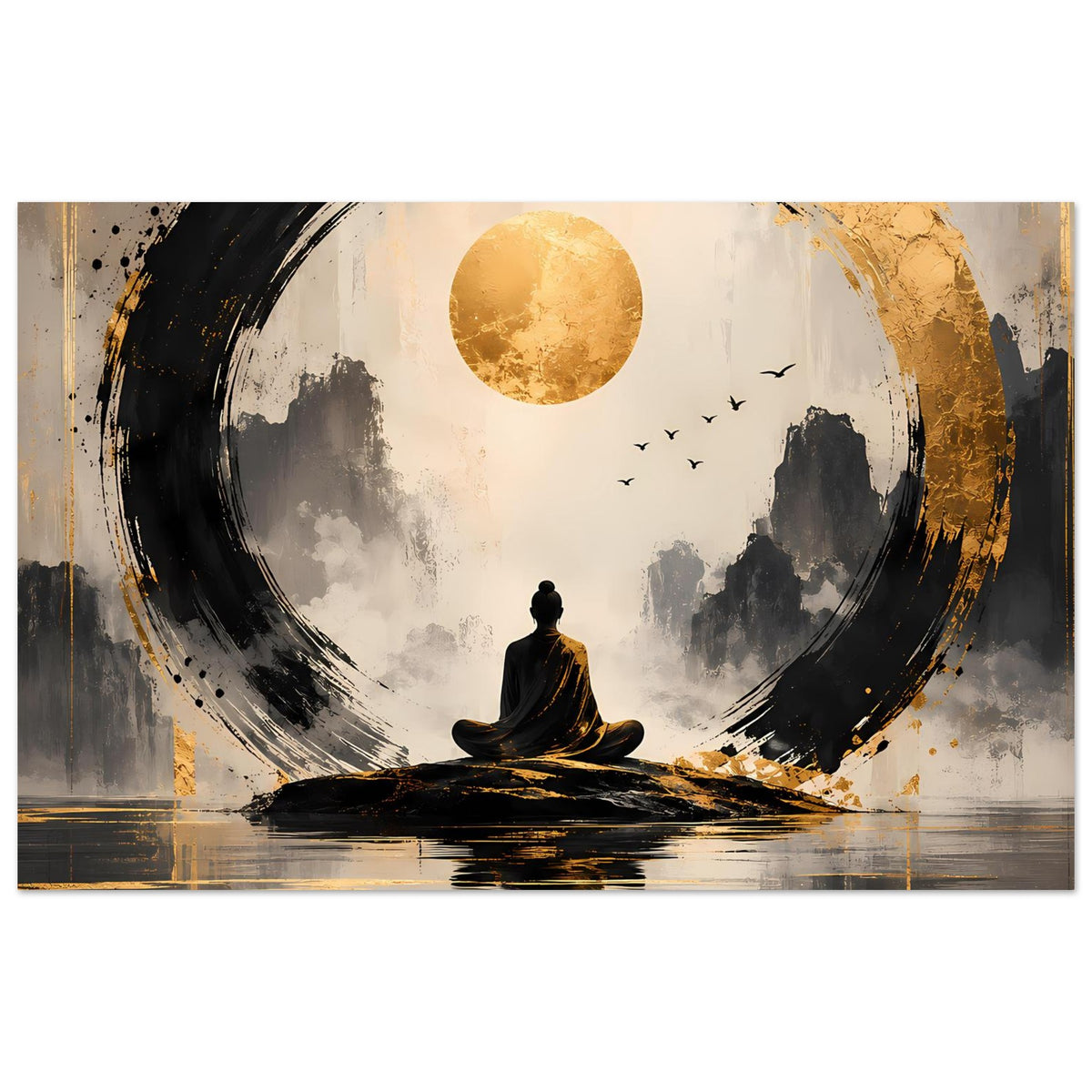 Meditationsposter mit goldenem Mond, schwarzem Kreis und sitzender Figur im Vordergrund