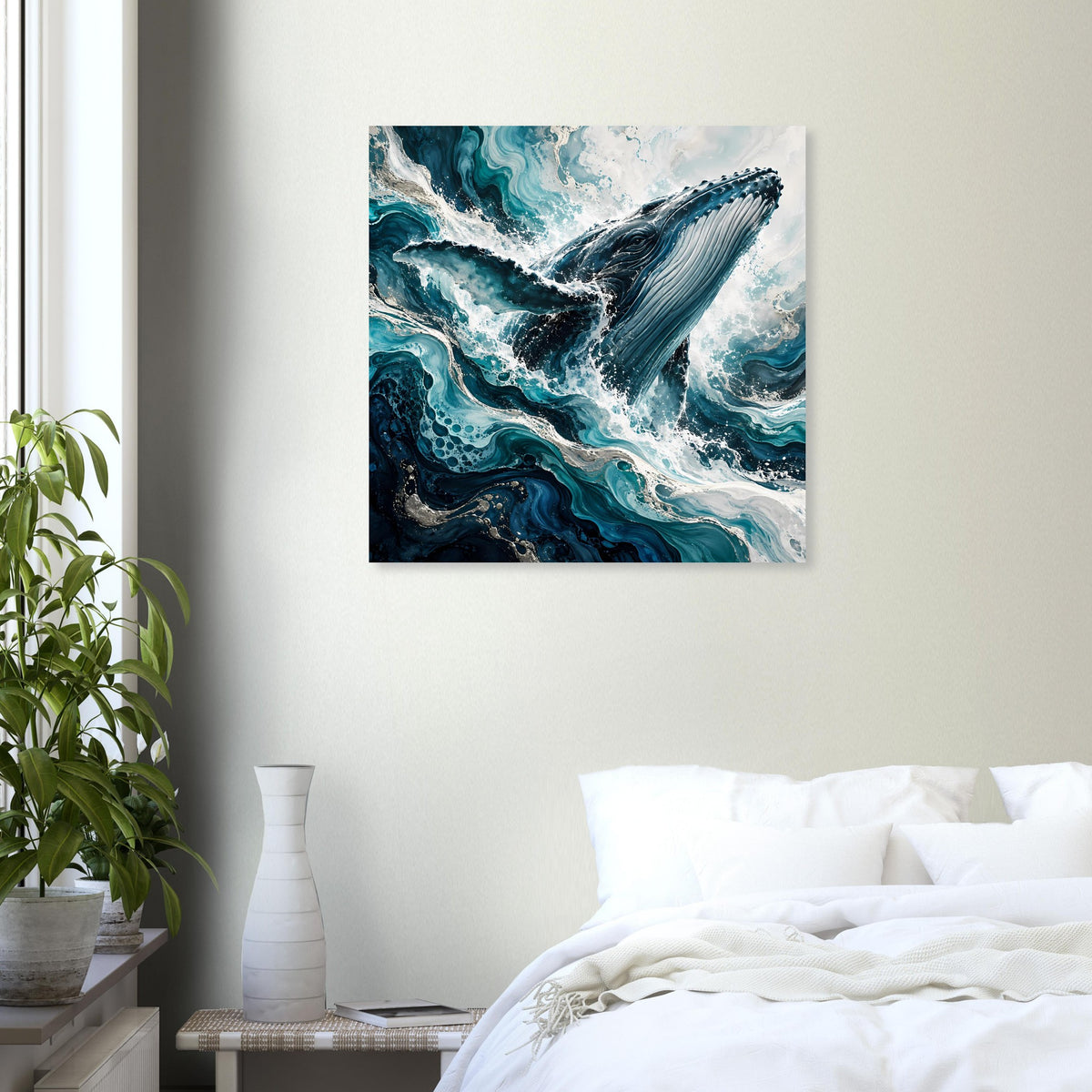 Quadratisches Ozean-Kunstposter mit Wal: breit ausströmende Meereswellen in Blau und Türkis.