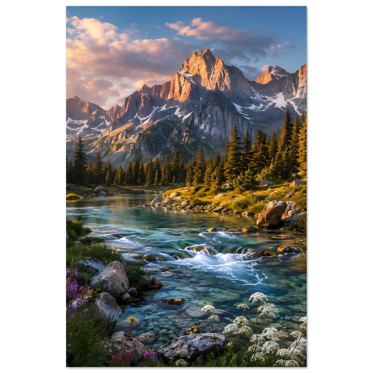 Vertikales Poster: Fluss in den Alpen mit Bergen, Tannenwald und felsigem Ufer