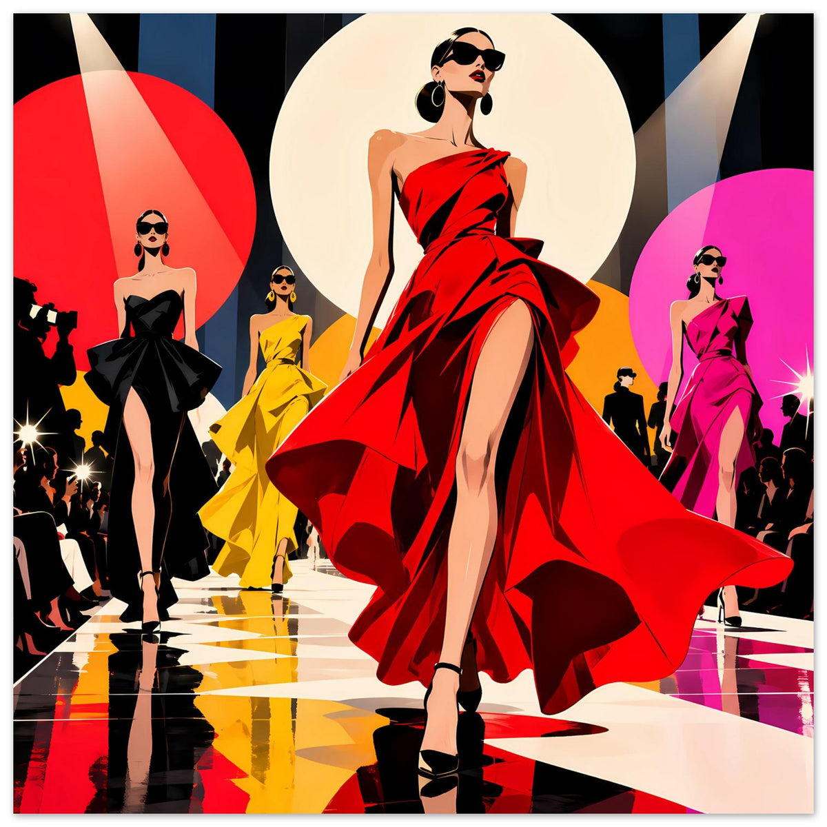Modeposter: Frau im roten Kleid mit weitem Rock, schwarze Schuhe, mehrere farbige Models.