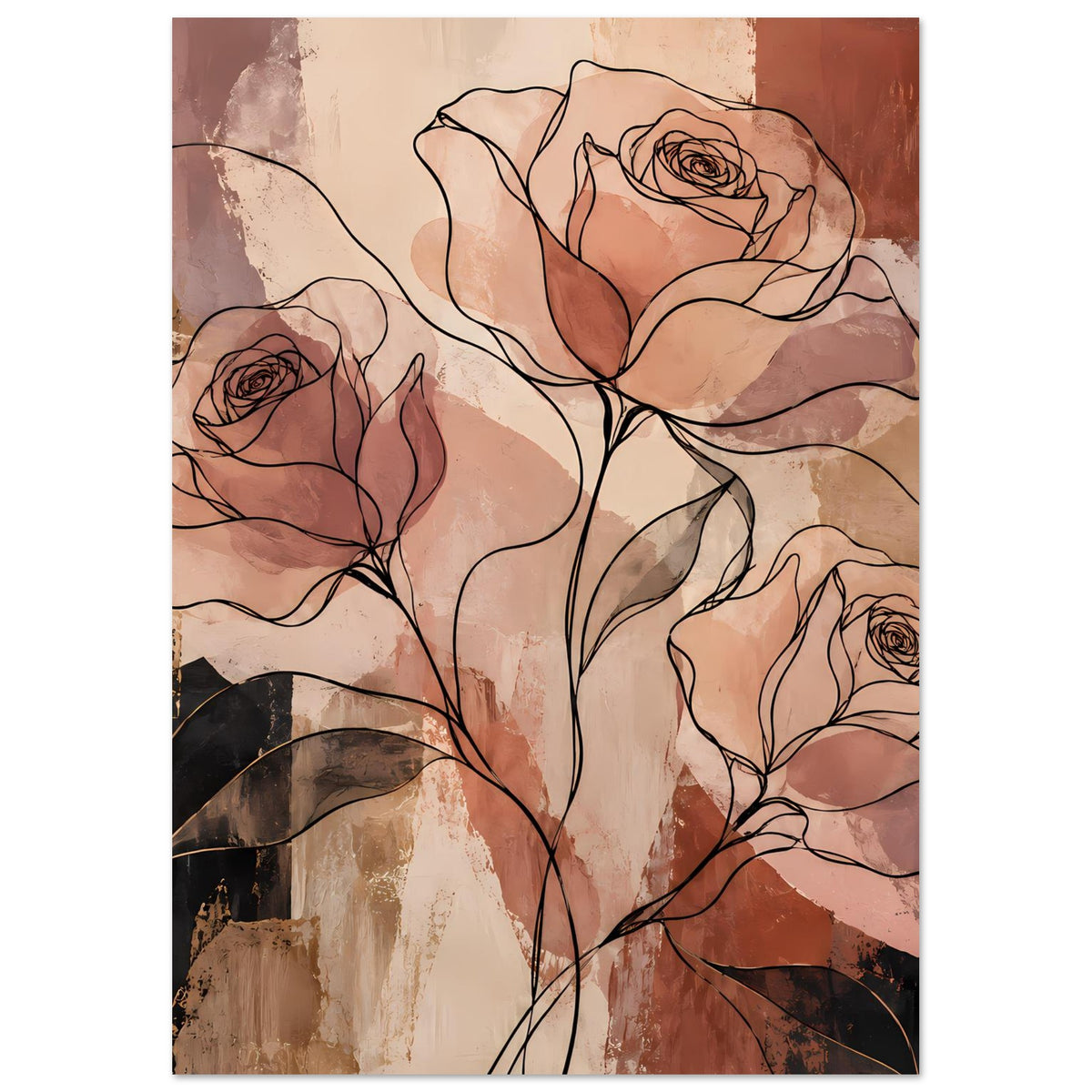 Poster mit abstrakten Rosenlinien, florales Motiv in Terrakotta- und Erdfarben