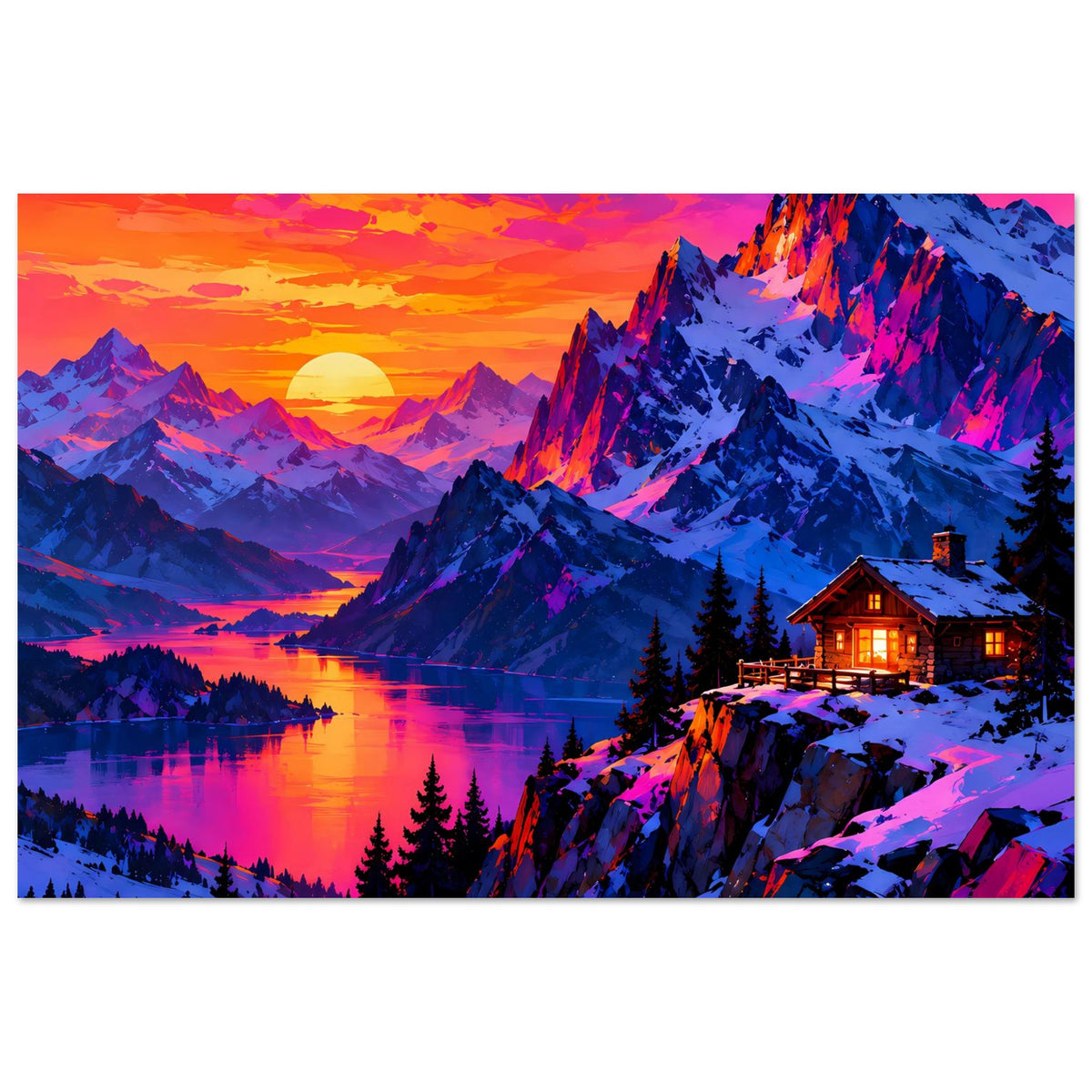 Querformat-Poster mit Abendhimmel, blau-violetten Gipfeln und beleuchteter Hütte am Hang