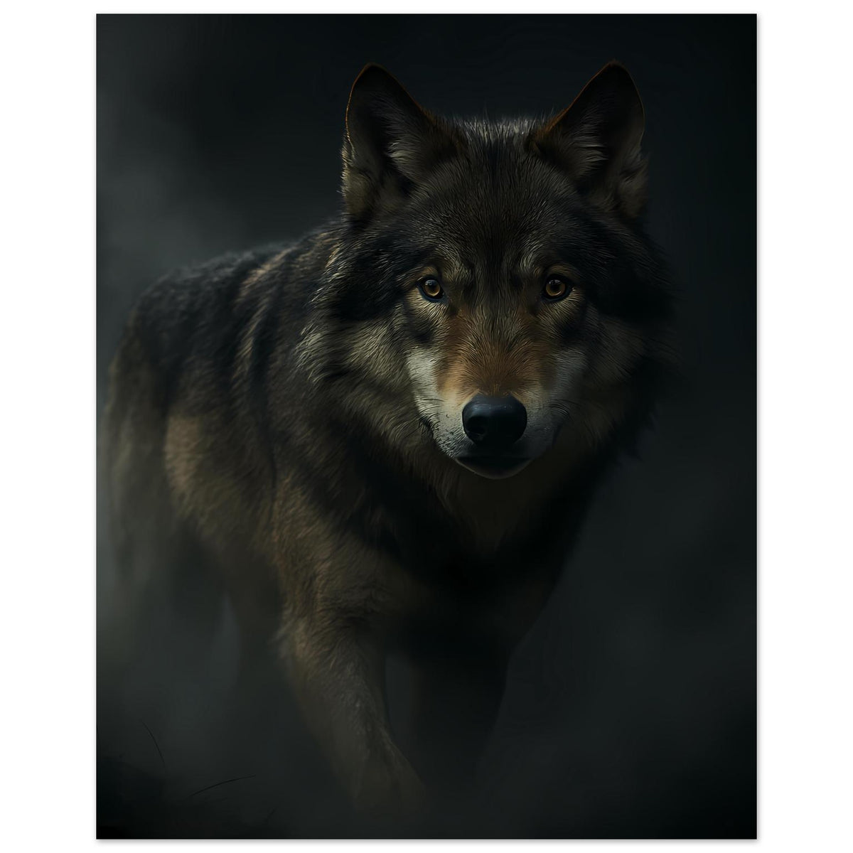 Wolfgesichtposter mit gestreiftem Fell und gelblichen Augen, leicht unscharfer Dunkelverlauf