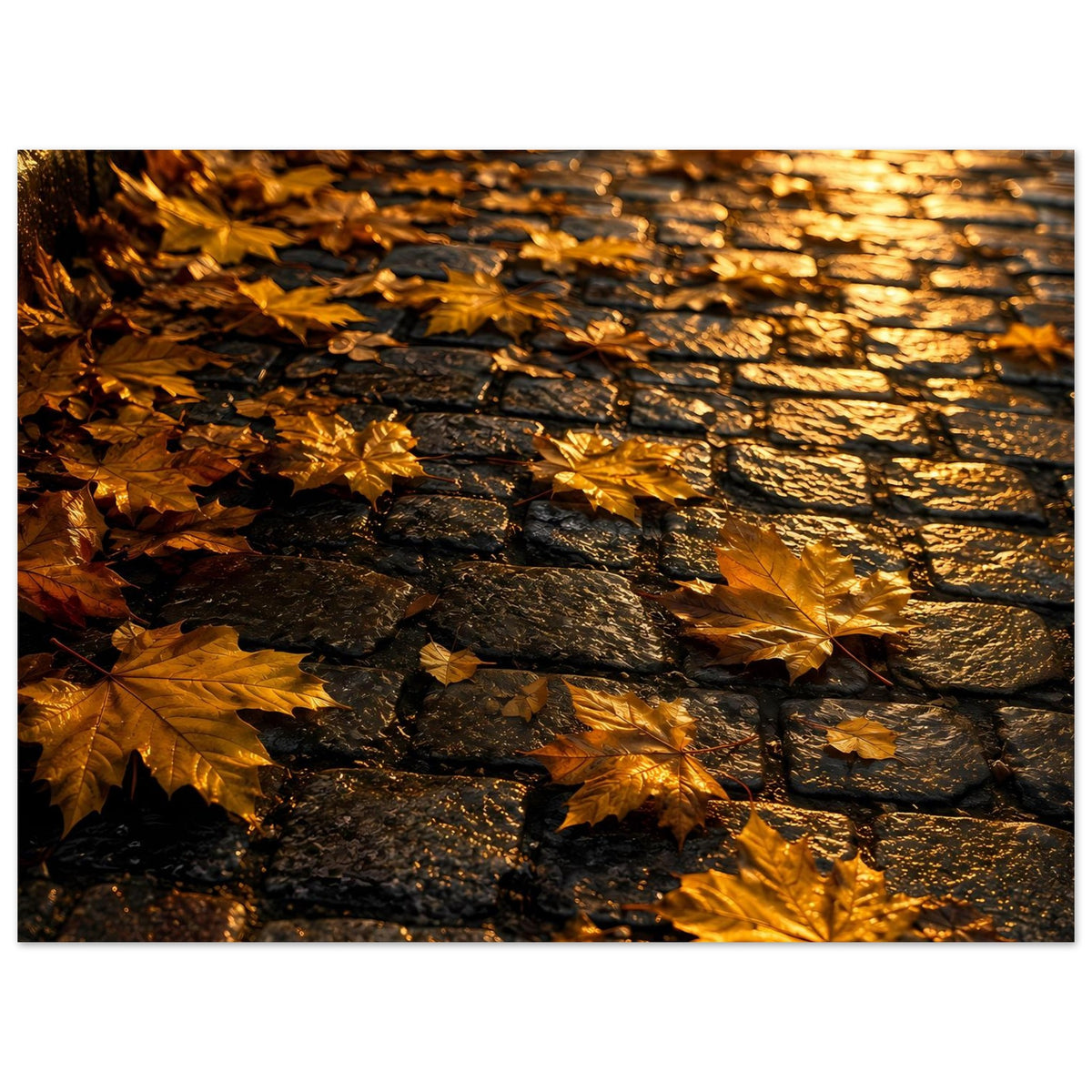 Herbstposter auf mattem Papier: goldene Blätter zwischen dunklen Steinreihen