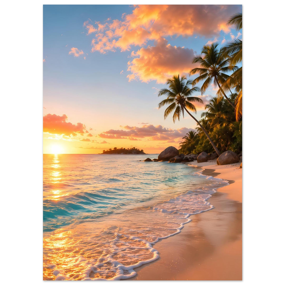 Tropisches Strand-Sonnenuntergangs-Poster mit Palmen am Ufer und schäumenden Wellen