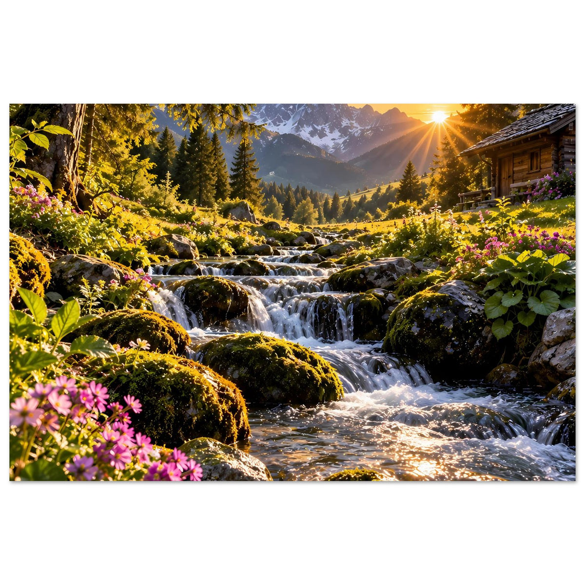 Posterdruck im Querformat mit Bergbach, moosigen Felsen, bunten Blumen und goldenem Sonnenstrahl.
