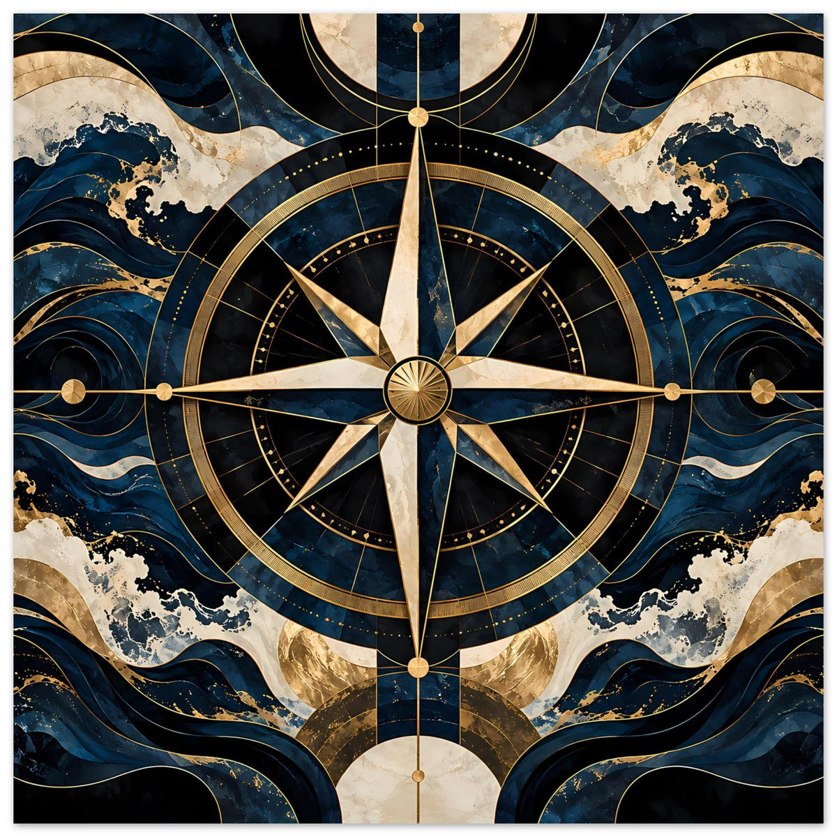 Maritimes Navigationsposter mit Kompassrose in Blau und Gold, goldene Kreise, mittig