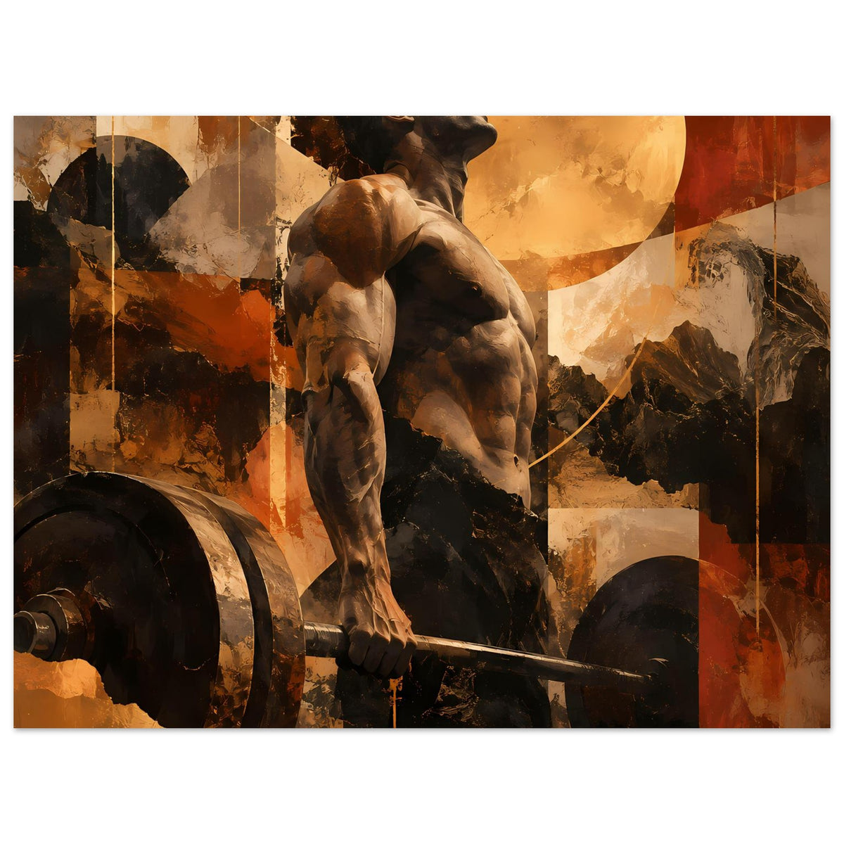 Fitness-Art-Poster mit Hund und Hantelstange, warme Erdtöne, horizontal, breite Ansicht