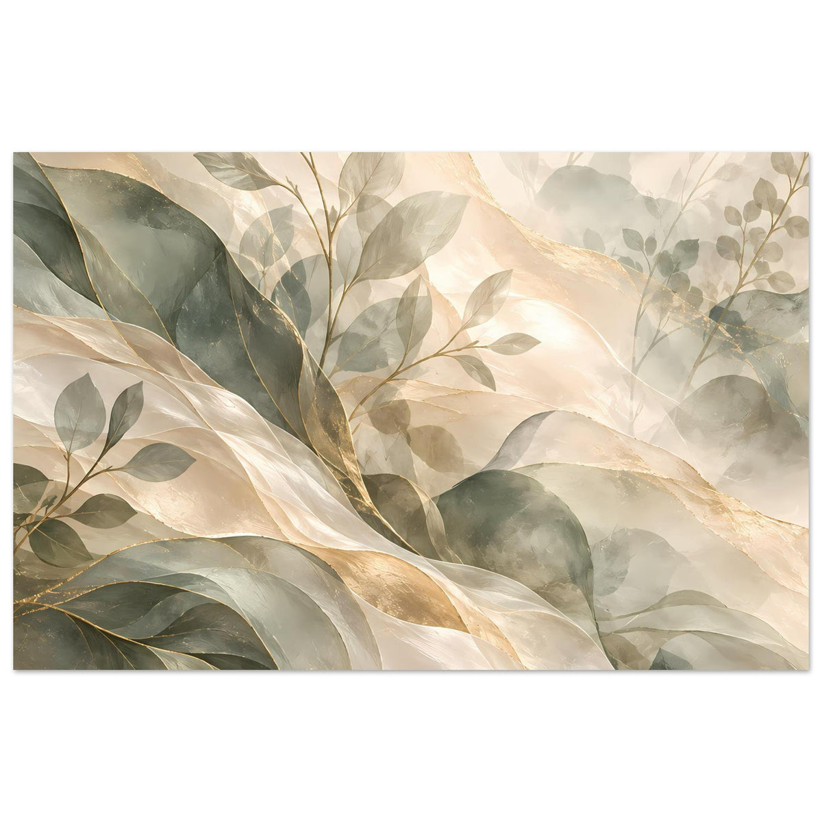 Rahmenkunstposter, breit, mit Blättern in Salbeigrün, Creme und goldfarbenen Akzenten