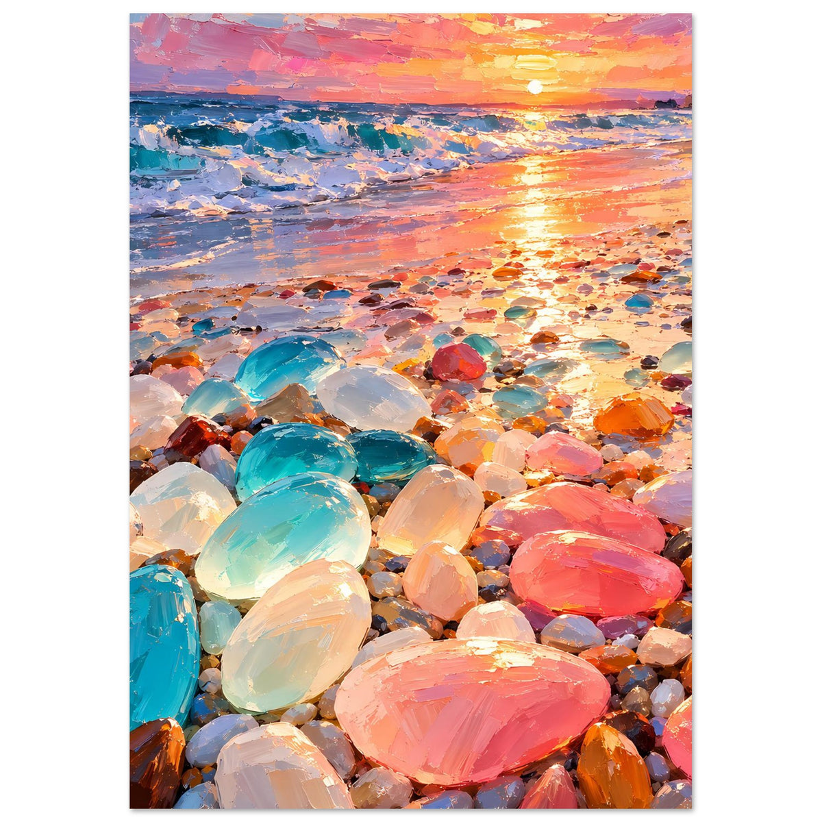 Wandposter mit Sonnenuntergang über dem Meer und farbigen Edelsteinen im Vordergrund