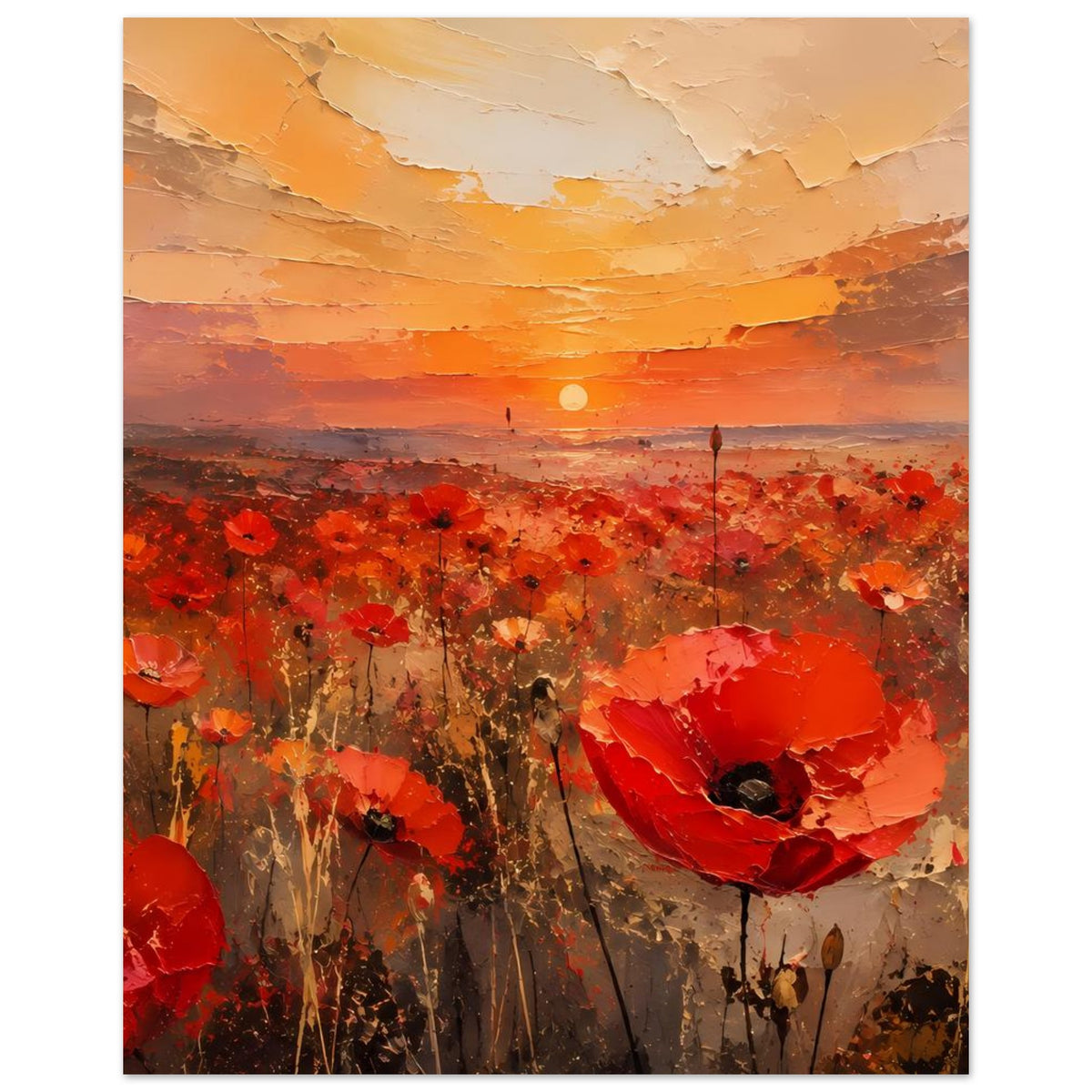 Vertikales Wandposter mit roten Mohnblumen, Pastellhimmel und untergehender Sonne