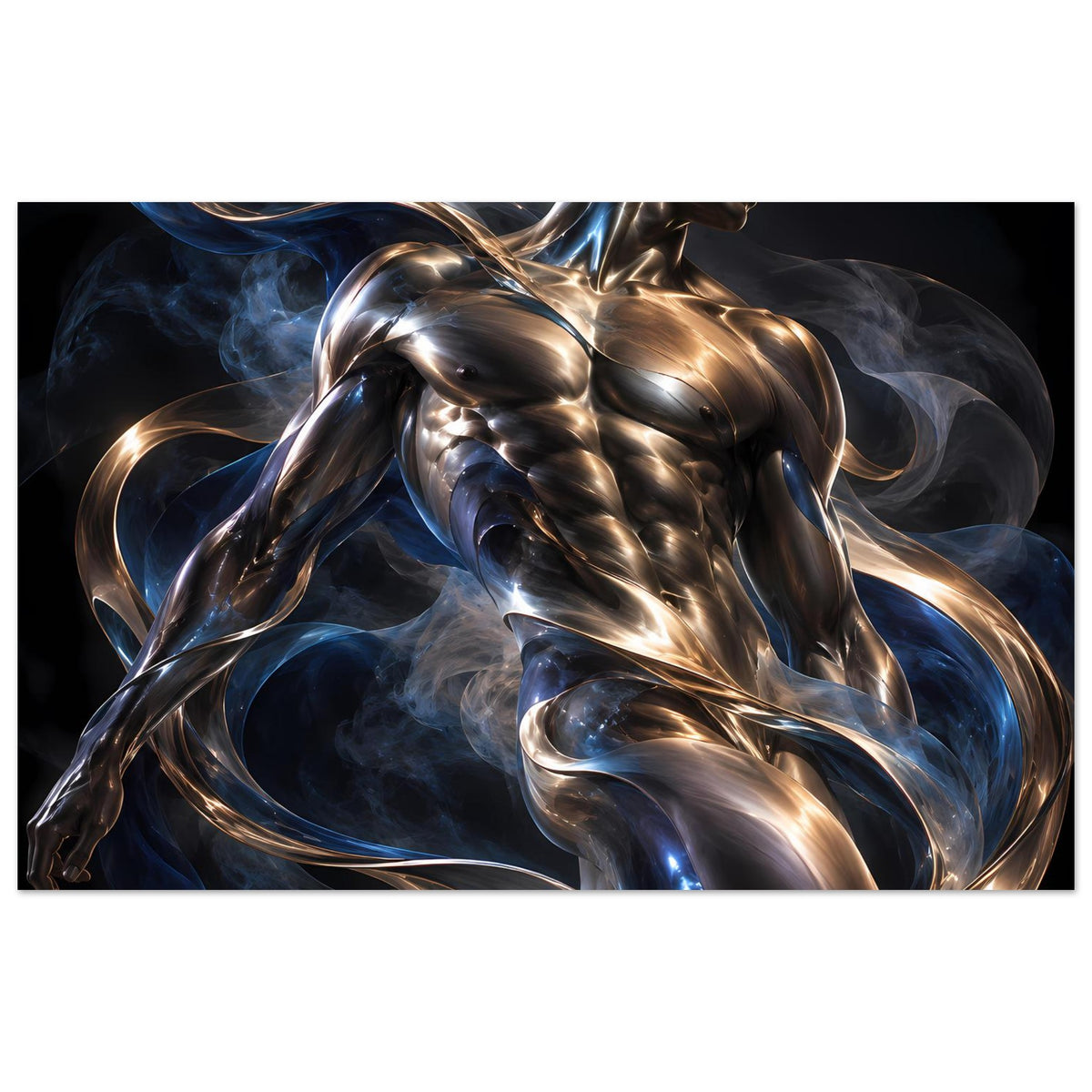 Kunstdruck im Querformat: goldene und silberne Figur in blauen Nebel- und Rauchwirbeln
