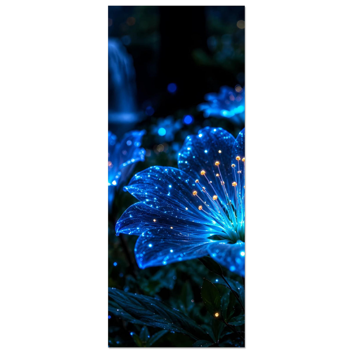 Hochformat-Poster mit leuchtender blauer Blüte und umgebenden Lichtpunkten im dunklen Motiv