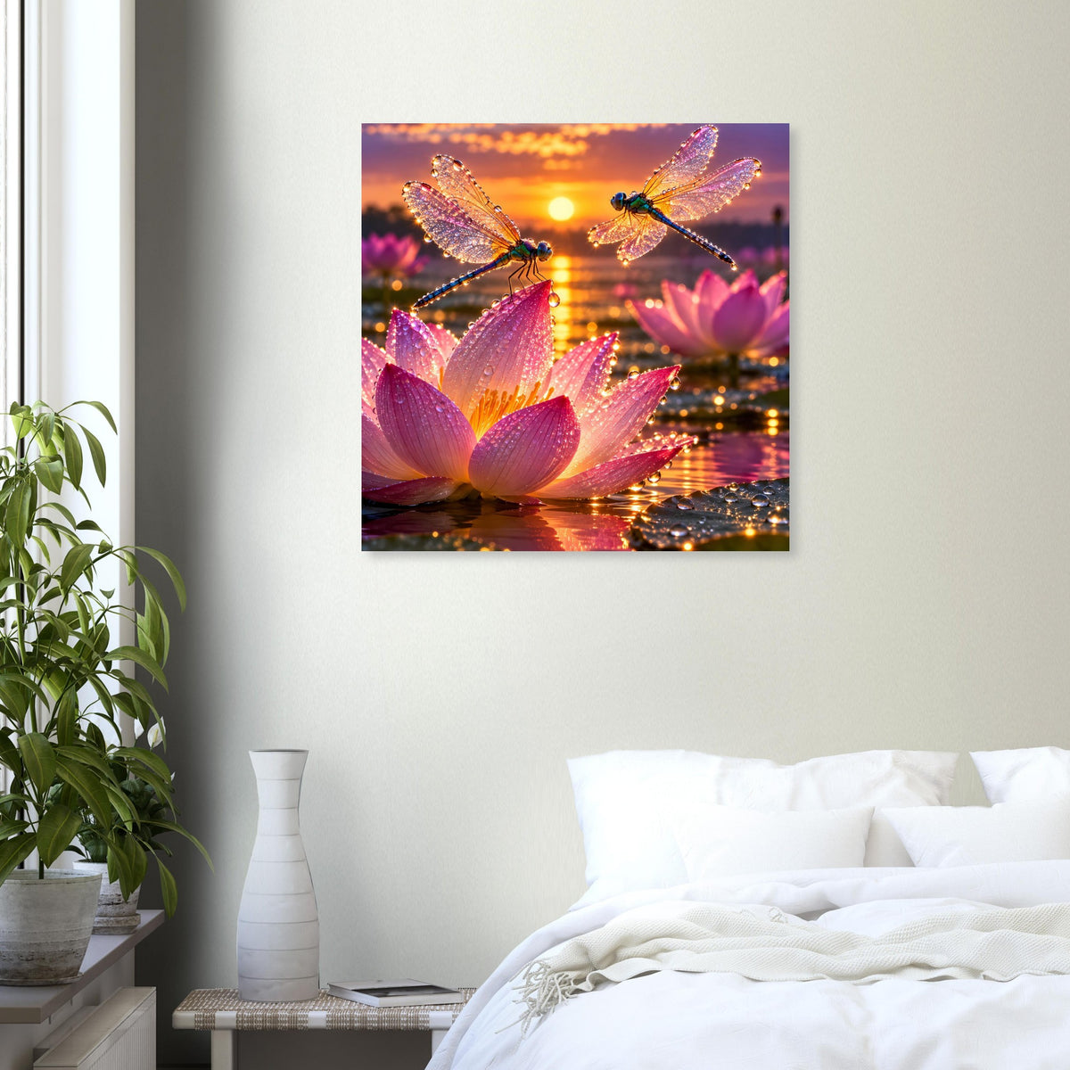 Quadratisches Poster: pinke Lotusblüten, mehrere Libellen und goldene Sonne