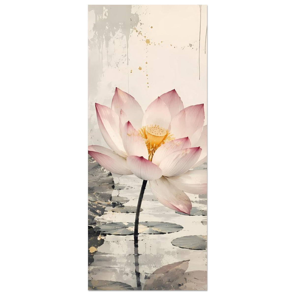 Vertikales Zen-Poster mit rosa-weißer Lotusblüte, stilvoll abstrakter Seerosenteich