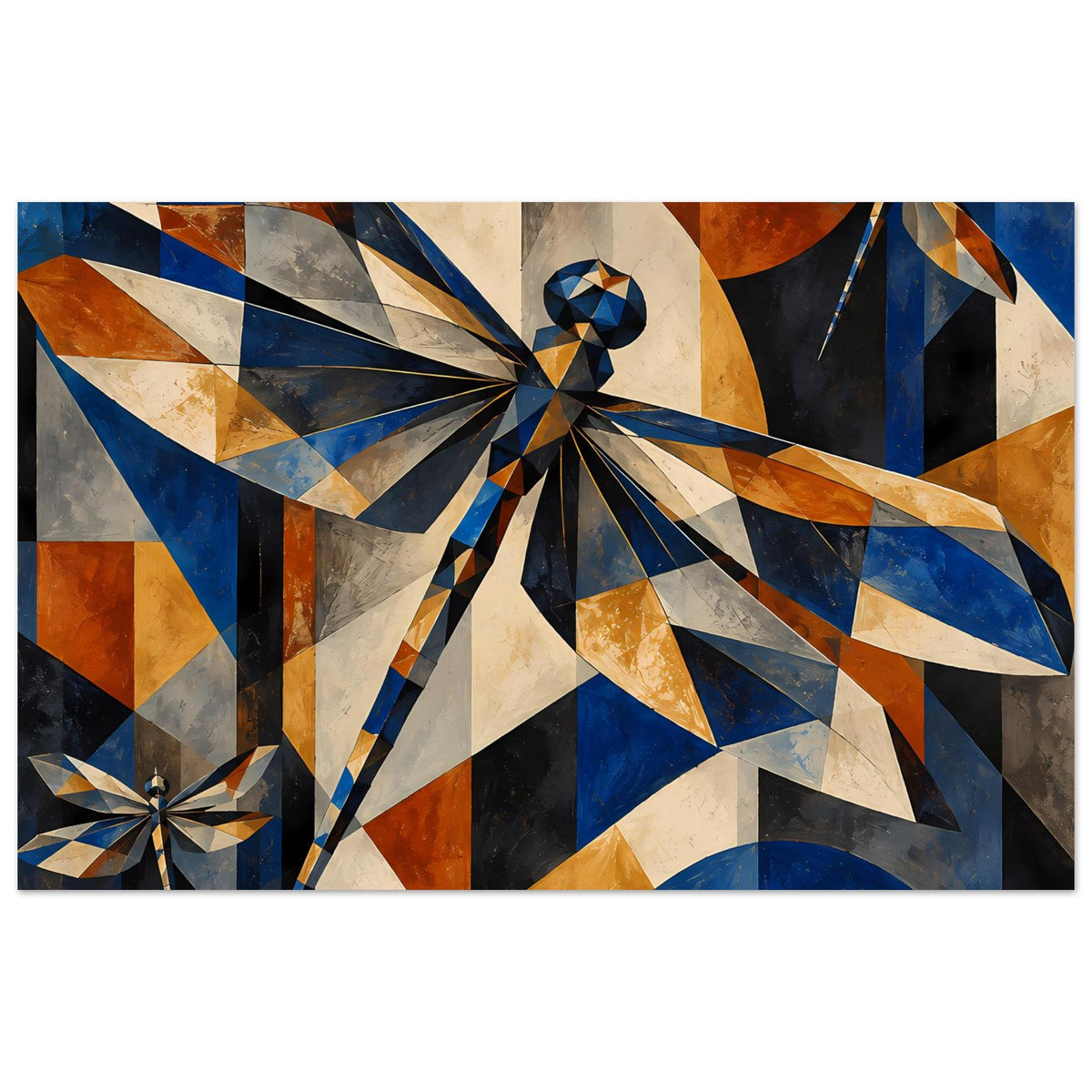 Kunstposter mit geometrischen Libellen aus dreieckigen Formen in Blau, Kupfer und Dunkelgrau.