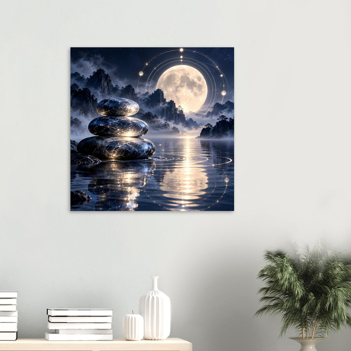 Poster mit Meditationssteinen, Vollmond, Lichtkreisen und Spiegelungen auf ruhigem See