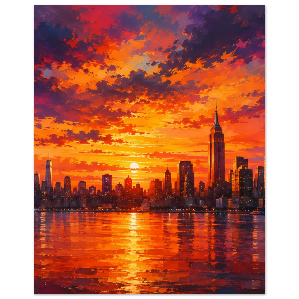 Stadtlandschaft-Poster: orangefarbener Sonnenuntergang mit Skyline und Spiegelungen im Fluss