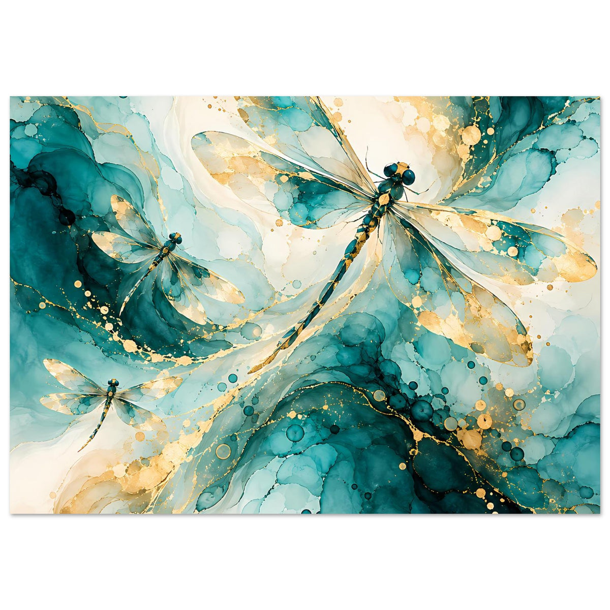 Kunstposter mit abstrakten Libellen in Türkis und Gold, florales Aquarellmotiv auf Leinwandoptik