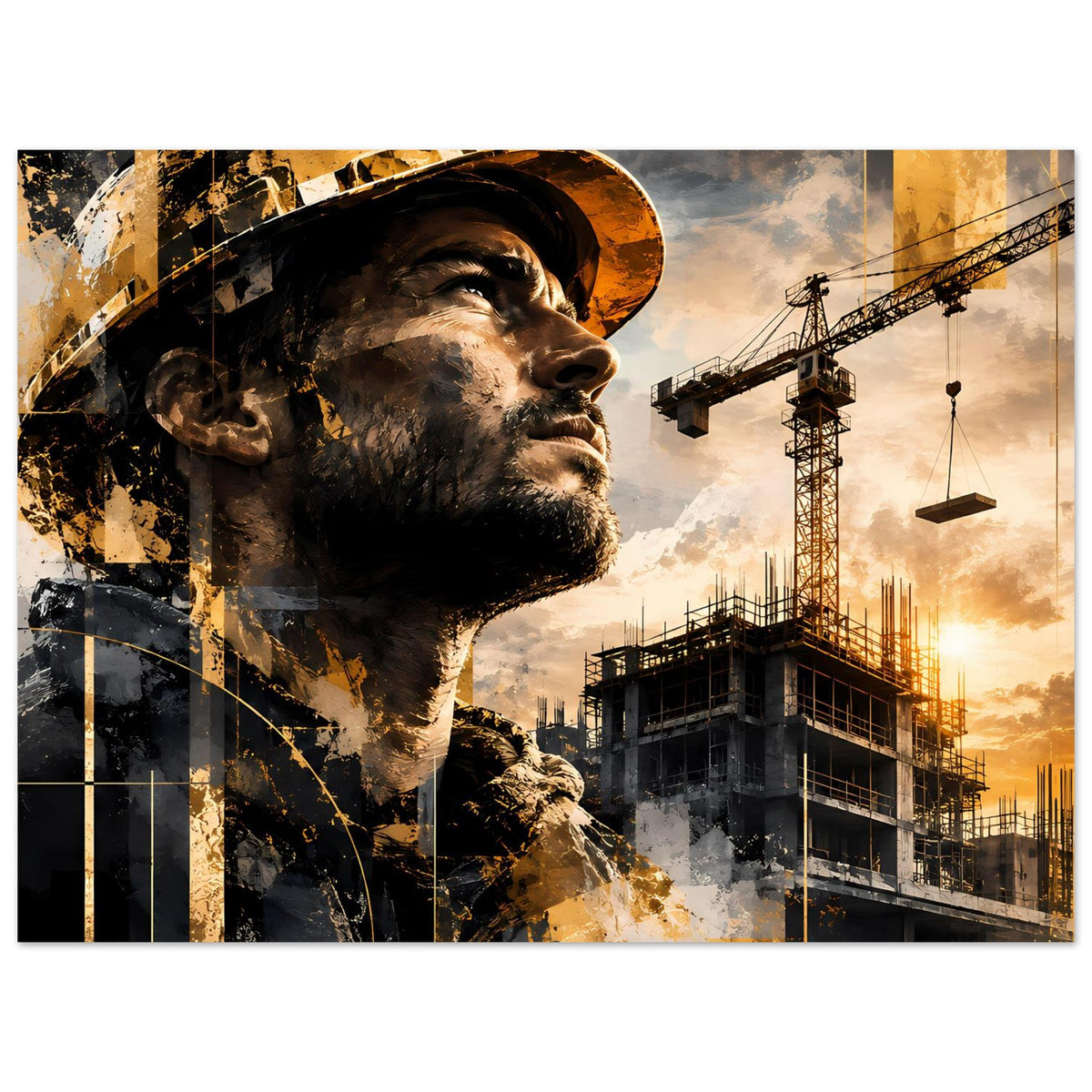 Poster mit Bauarbeiter-Porträt im Profil und Baugerüst, Gold- und Grautöne im Querformat