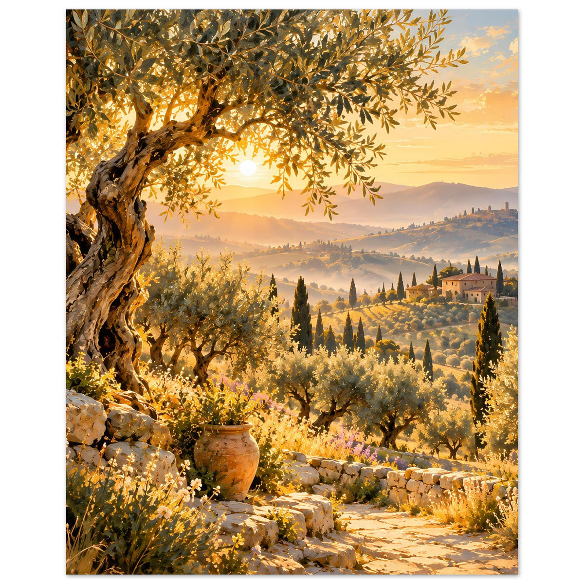 Landschaftsposter mit Olivenbaum, goldenem Sonnenuntergang und Hügeln, hochformat