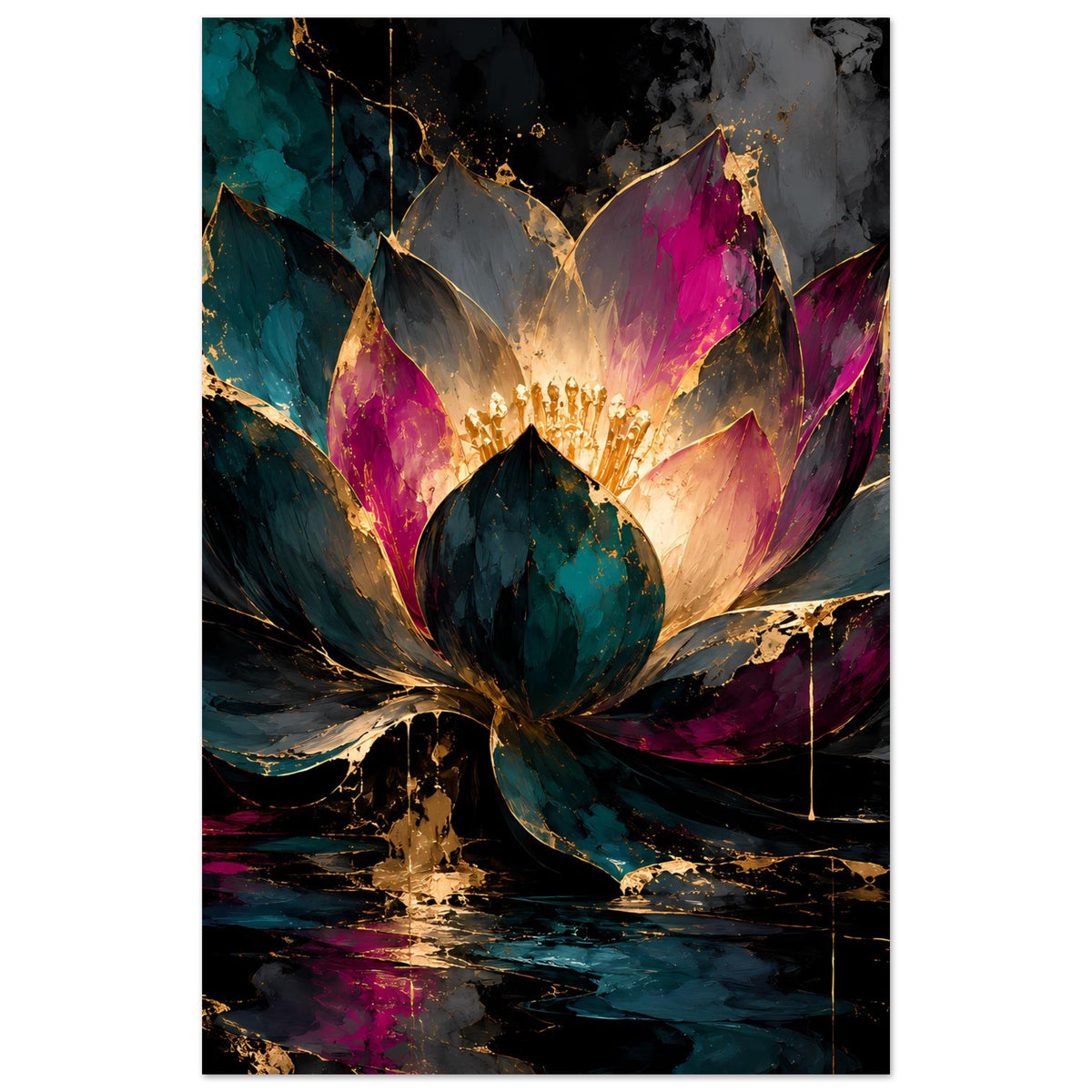 Hochkant-Kunstposter mit Lotusblüte, türkis, pink und gold auf schwarzem abstraktem Grund