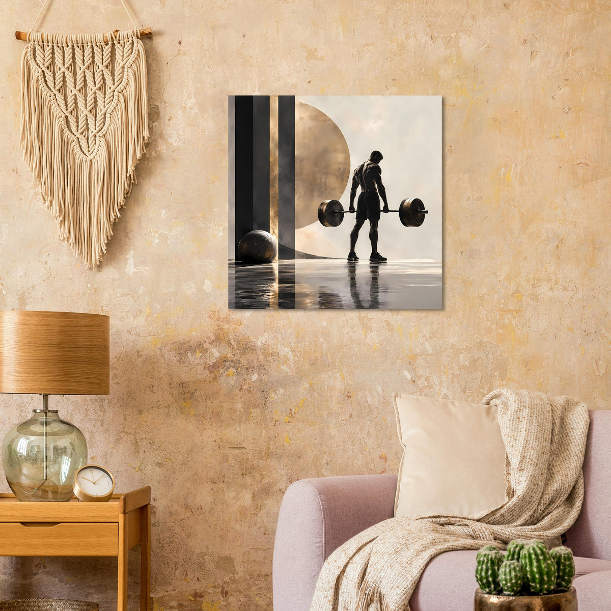 Krafttraining-Poster im Querformat mit Silhouette beim Hantelheben und goldenem Hintergrund
