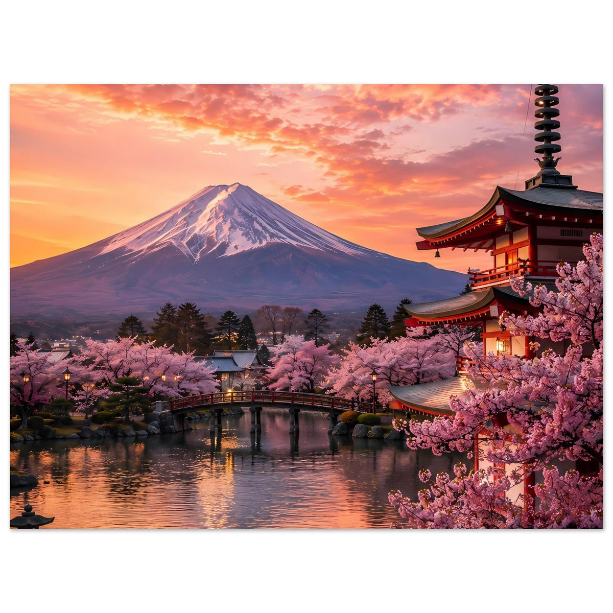 Querformat-Poster mit Fuji, Kirschblüten, Tempel und Fluss, Sonnenuntergang mit Wolkenhimmel.