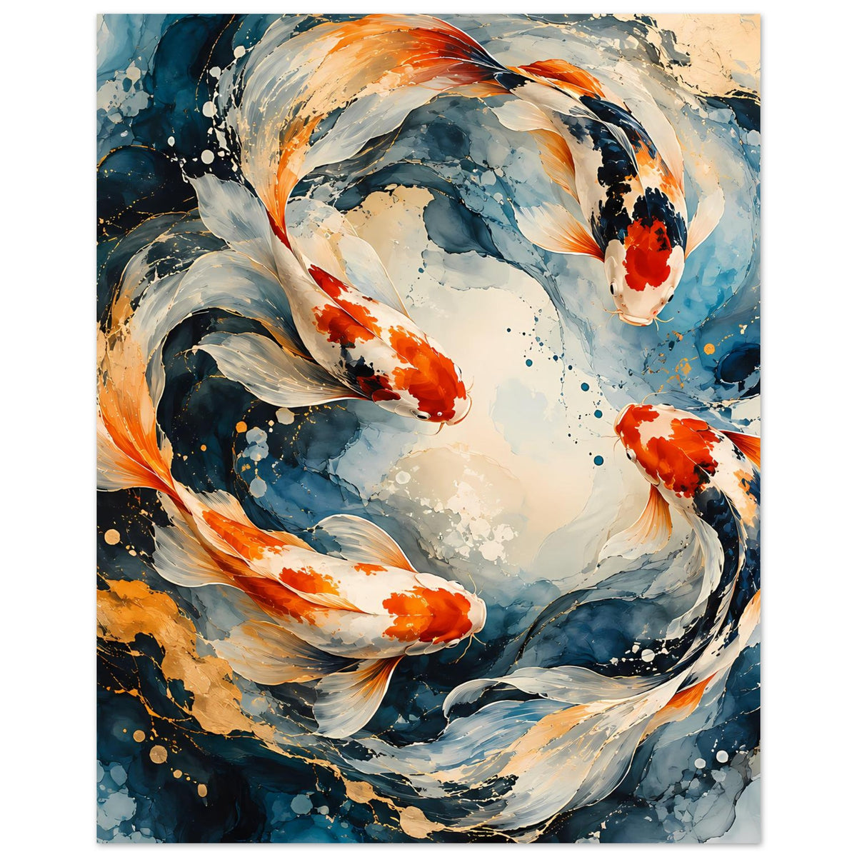Japanisches Poster mit Koi-Fischen im Wasserwirbel, schwarze und orange-rote Details