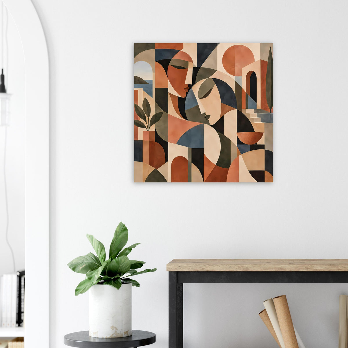 Quadratischer Art-Print mit abstrakten Gesichtern, stilisierten Augenflächen und Blattmotiv.