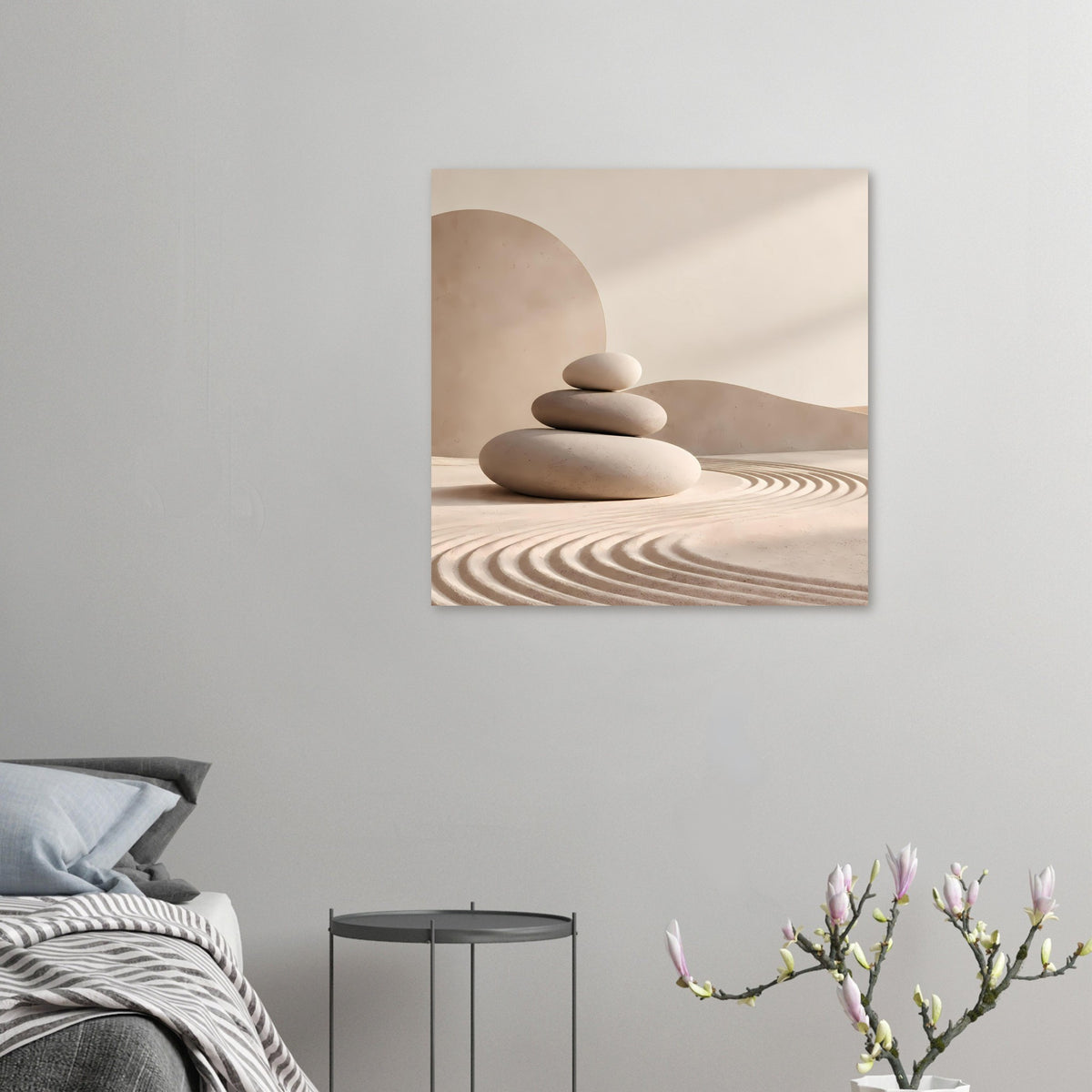 Kleines Poster mit Zen-Steinen im Stapel und sandfarbenen Kreisrillen