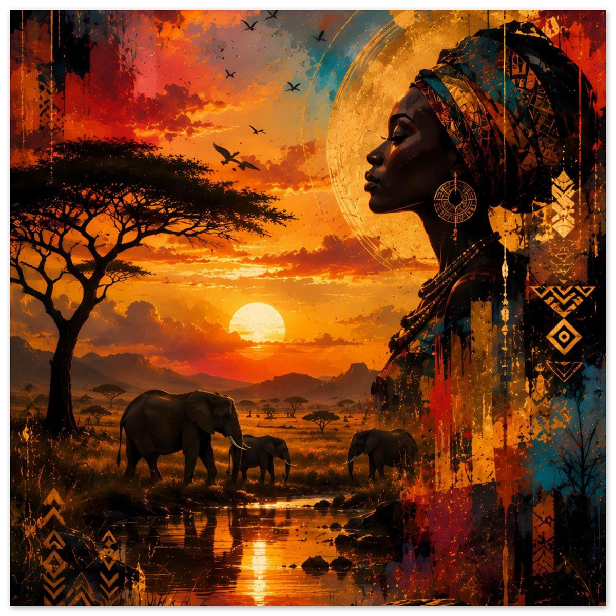 Poster mit Frau im Profil, Elefanten und Wasserfläche, Sonnenuntergang und Muster