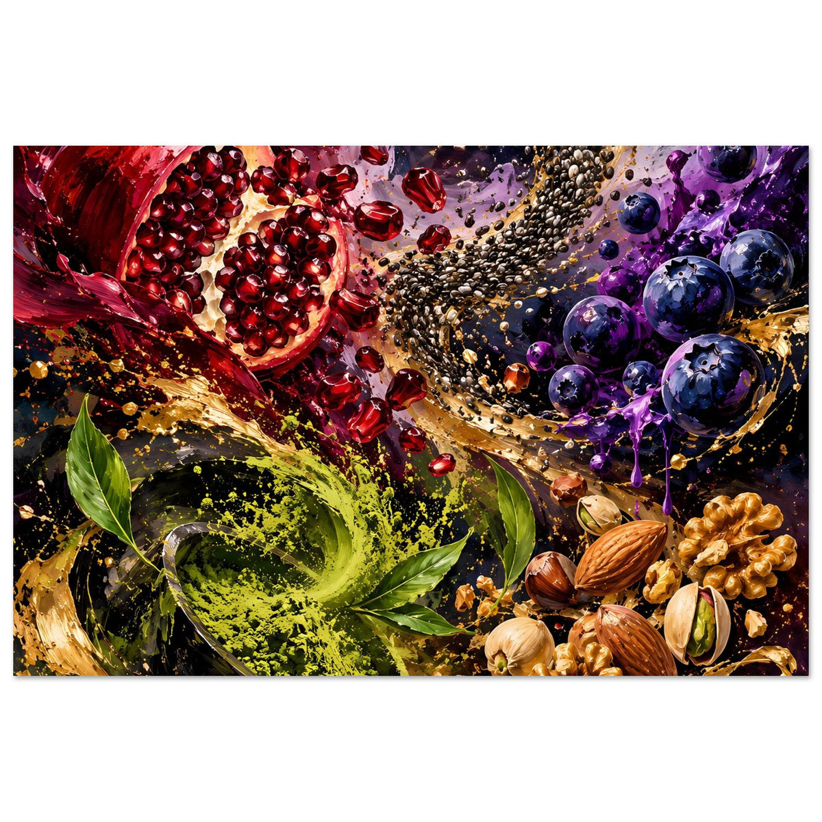Poster mit fruchtigem Splash-Artwork: Granatapfel links, grüne Blattrolle, Blaubeeren rechts