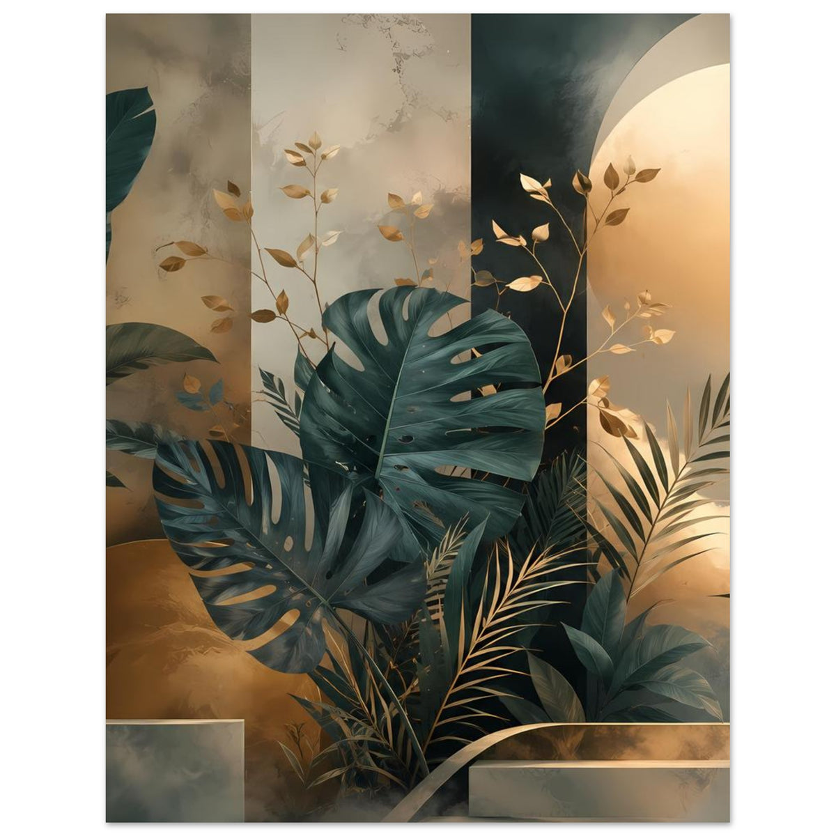 Poster mit Monstera- und Palmenblättern in Petrolgrün, Gold und sanften Beigeverläufen