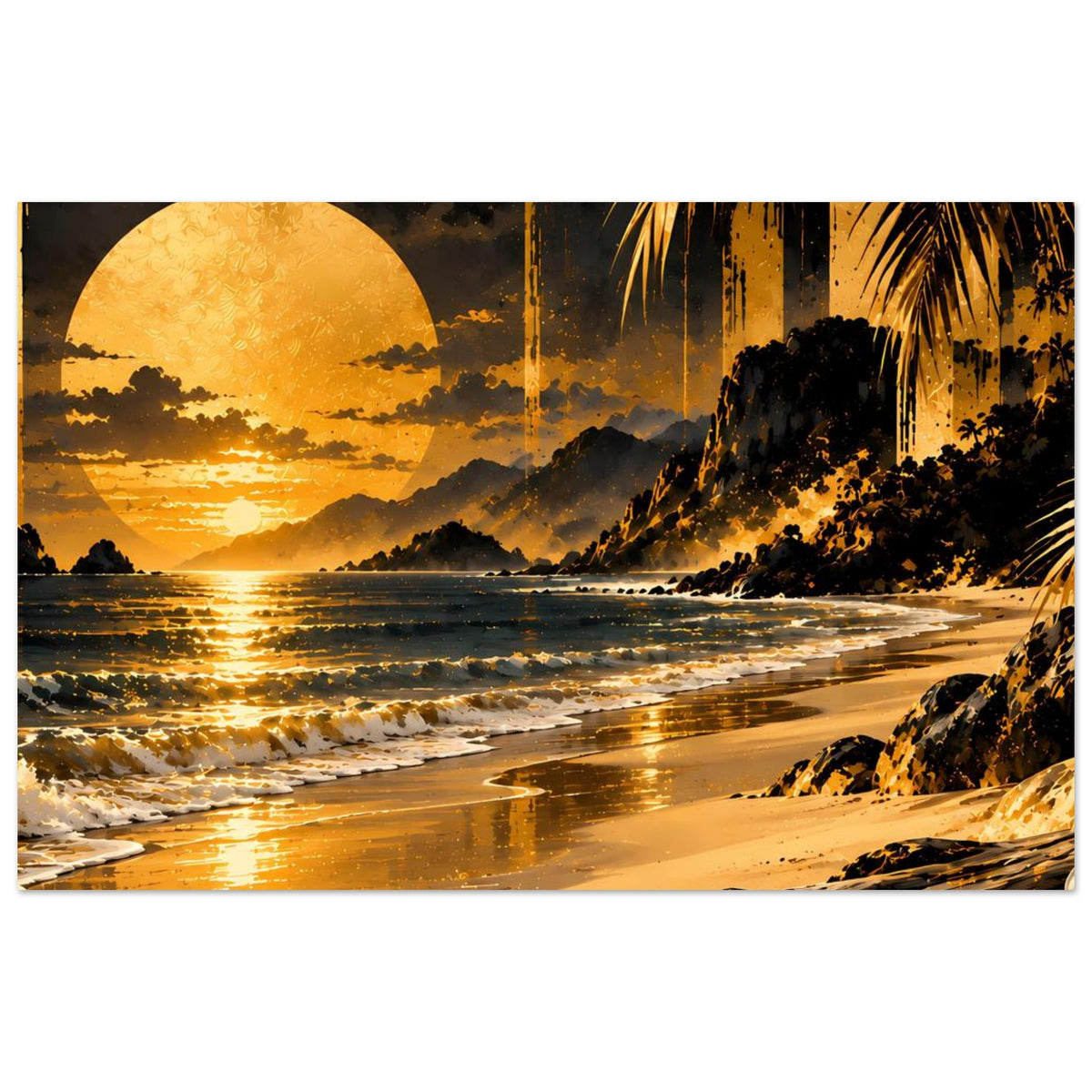 Breites Poster mit Sonne im Kreis, Strandwellen und goldener Küste