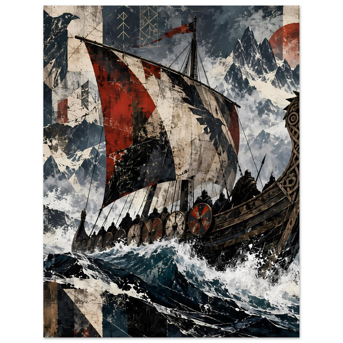 Poster mit Wikingerschiff und roten Segeln, Sturmgischt, im Hochformat