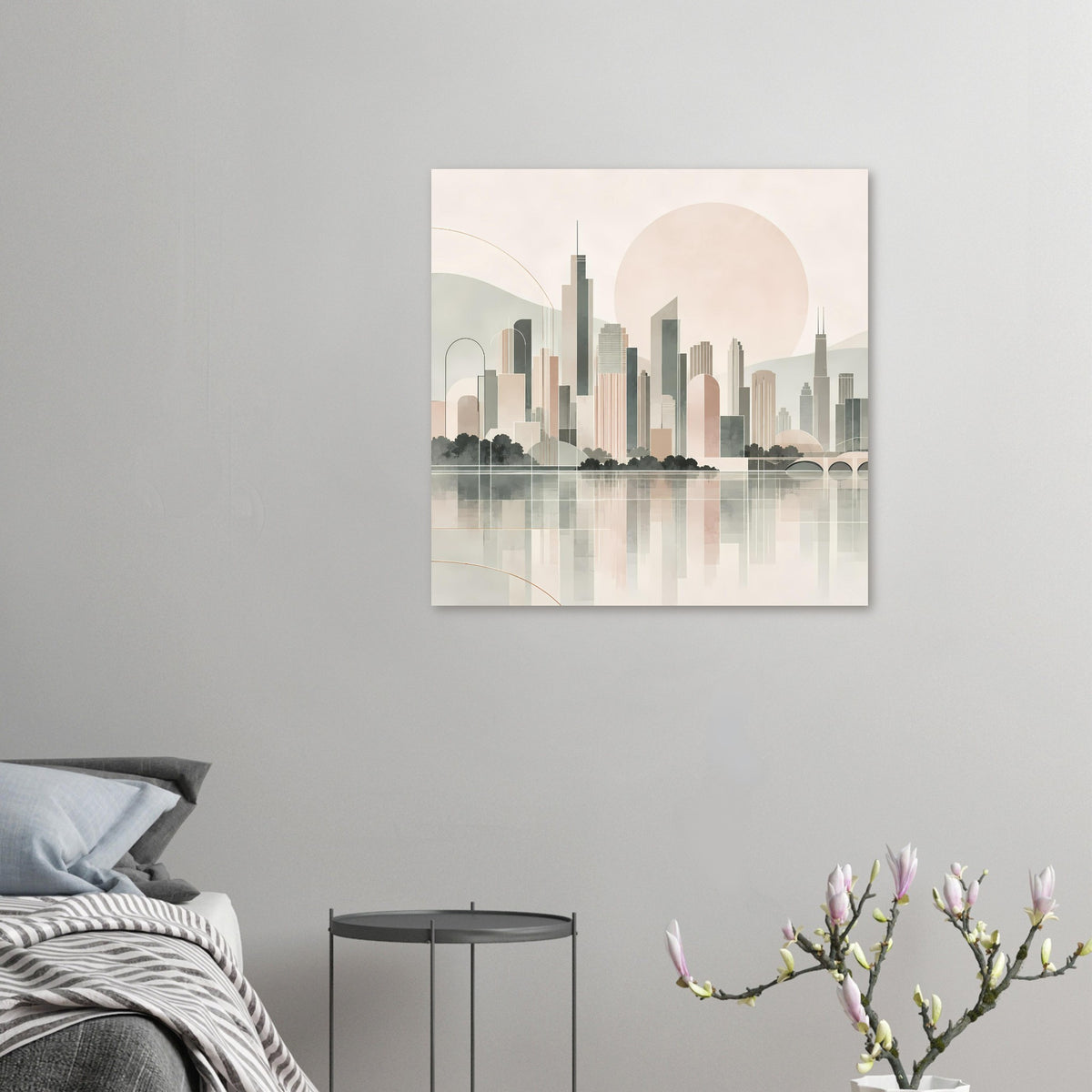 Quadratisches Stadtposter mit abstrakter Skyline in Pastellfarben, Mond über der Wasserszene