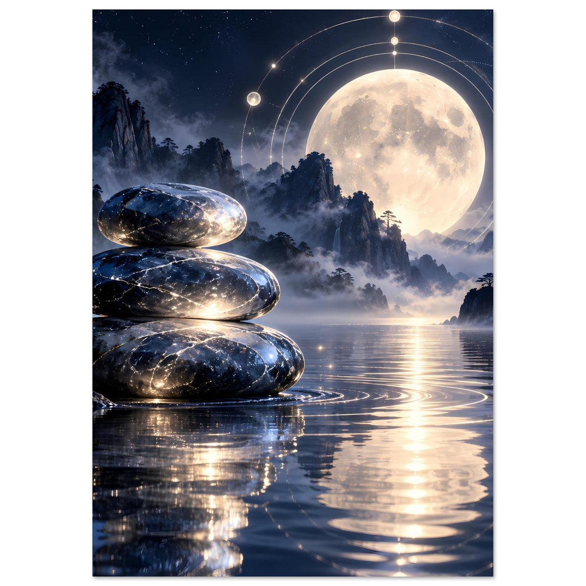 Hochformat-Poster: Meditationssteine links, Mond im Himmel und Lichtkreise über See