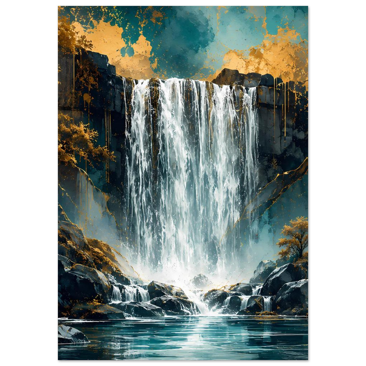 Poster mit Wasserfall zwischen Felsen, kräftiges Türkis und goldene Sprenkel