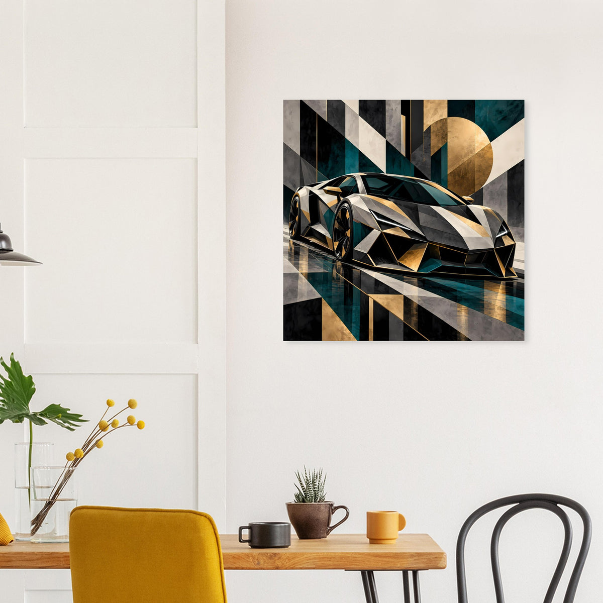 Quadratisches Autoposter mit Luxus-Sportwagen-Grafik, Goldflächen, Schwarz und Petrol