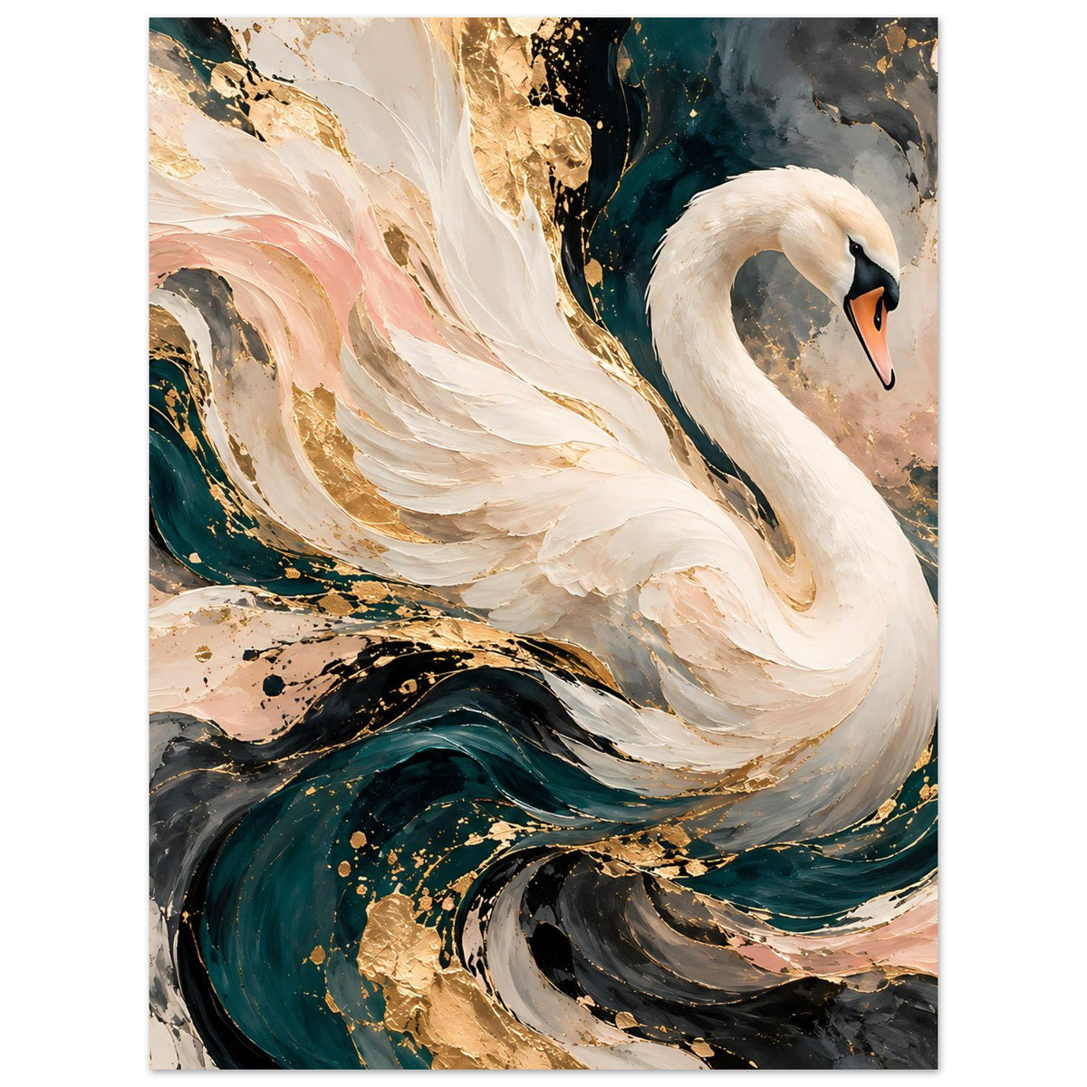 Kunstposter mit weißem Schwan, Details in Creme, Petrol, Schwarz und goldenen Sprenkeln