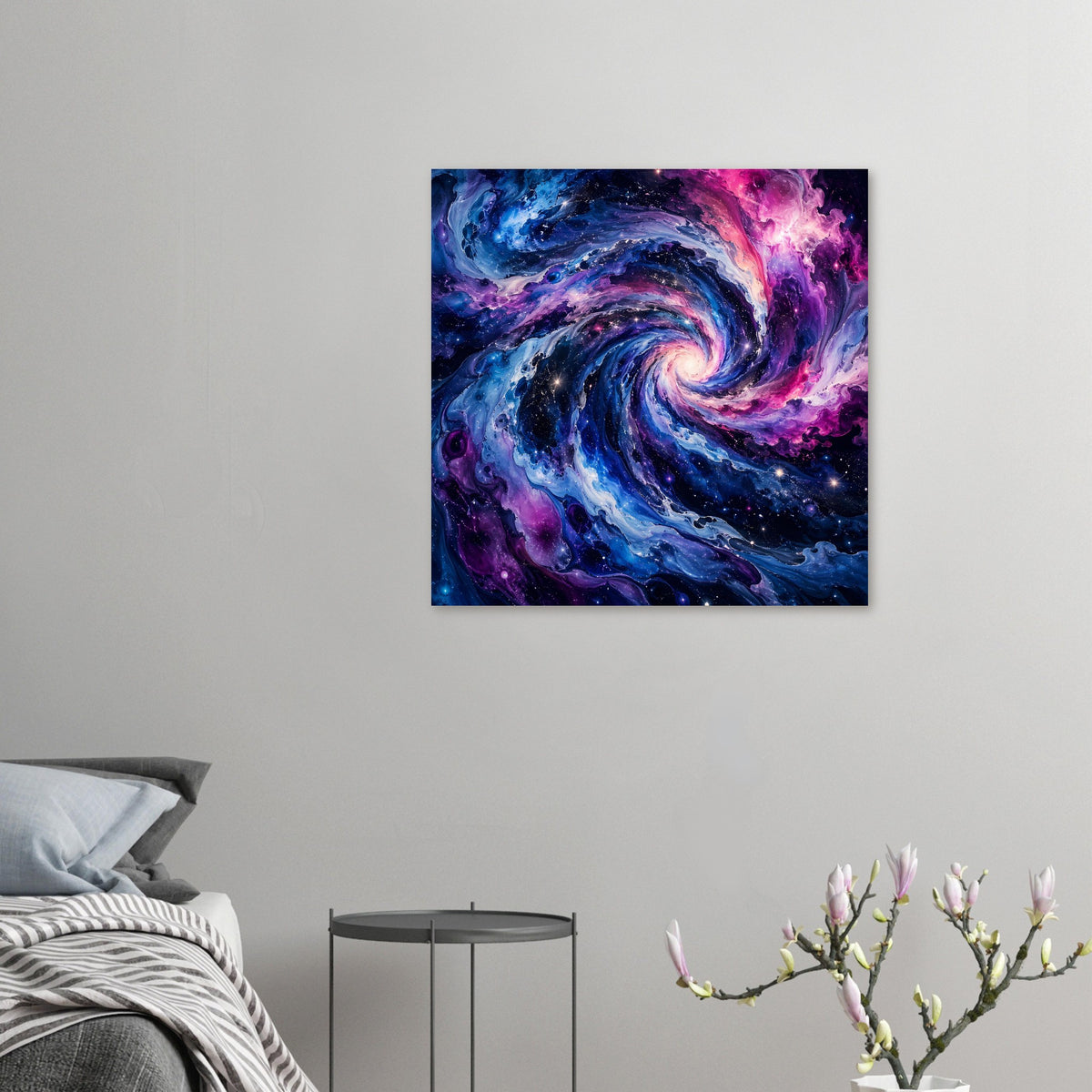 Kleines Wandposter mit galaktischem Spiralwirbel in Blau, Lila und Pink, mit Sternen