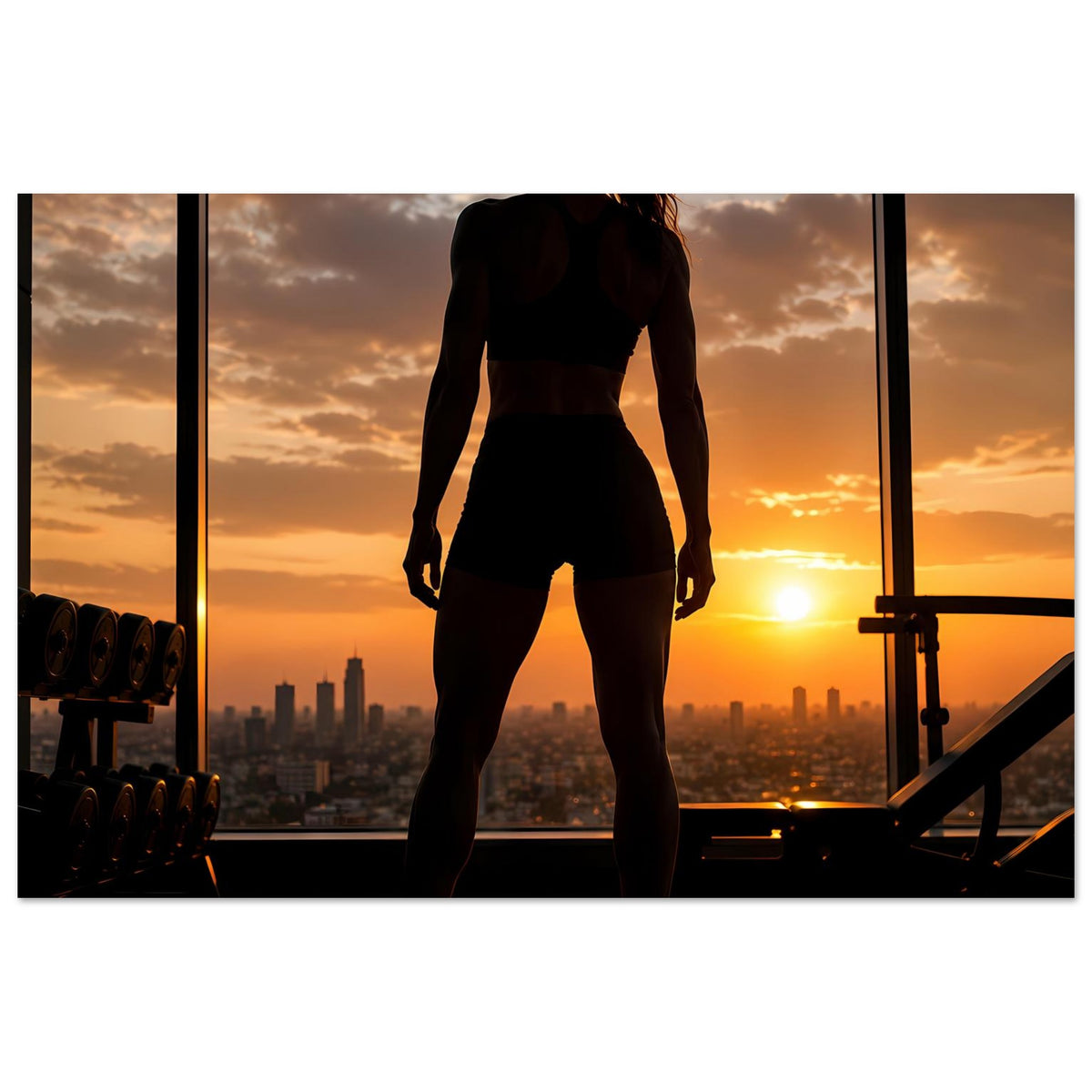 Fitness-Poster: Frauensilhouette im Sportoutfit vor tief stehender Sonne im Gym