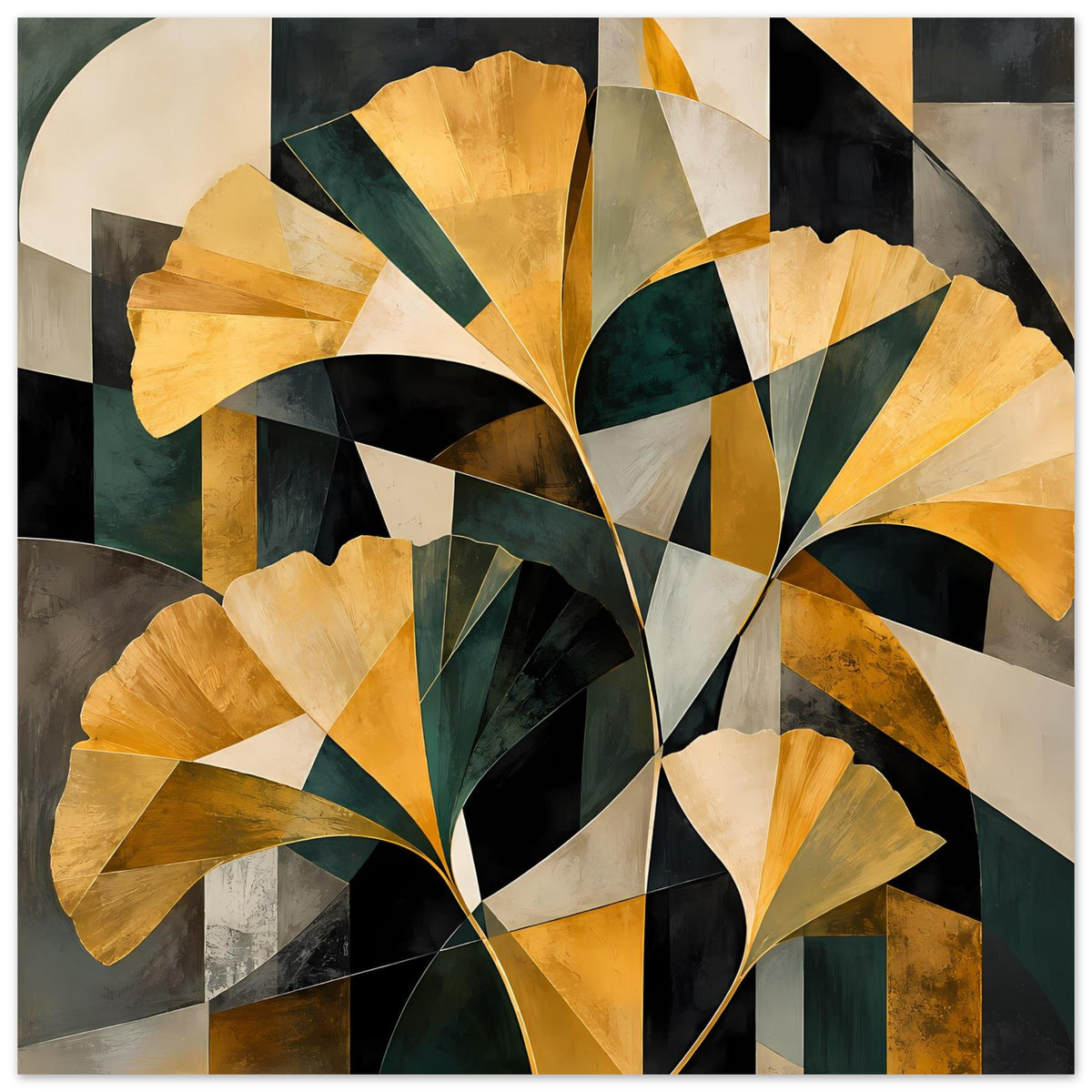 Abstraktes Floral-Poster im Hochformat mit goldenen Blüten und tiefgrünen Akzenten, schwarz