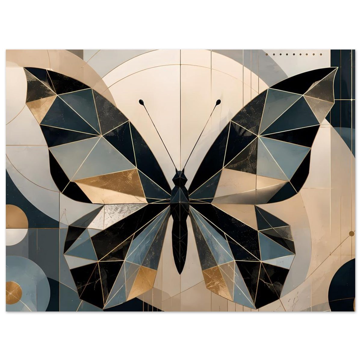 Rechteckiges Poster mit Schmetterlingsmotiv aus Geometrie in Petrol und Gold